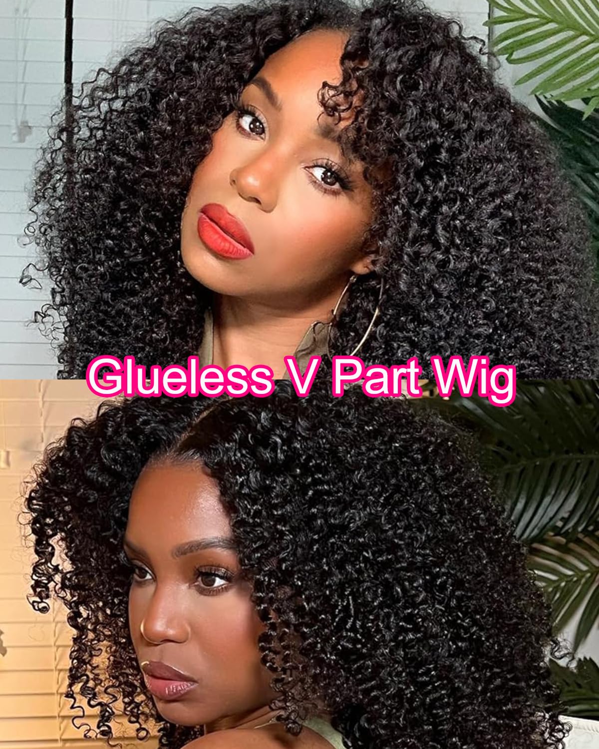 Vshow Glueless Wigs V Part Wig Human Hair Afro Curly Wig No Leave Out Thin Part Human Hair Wig Beginner Friendly 180% Density Upgrade U part Kinky Curly Wigs 20Inch