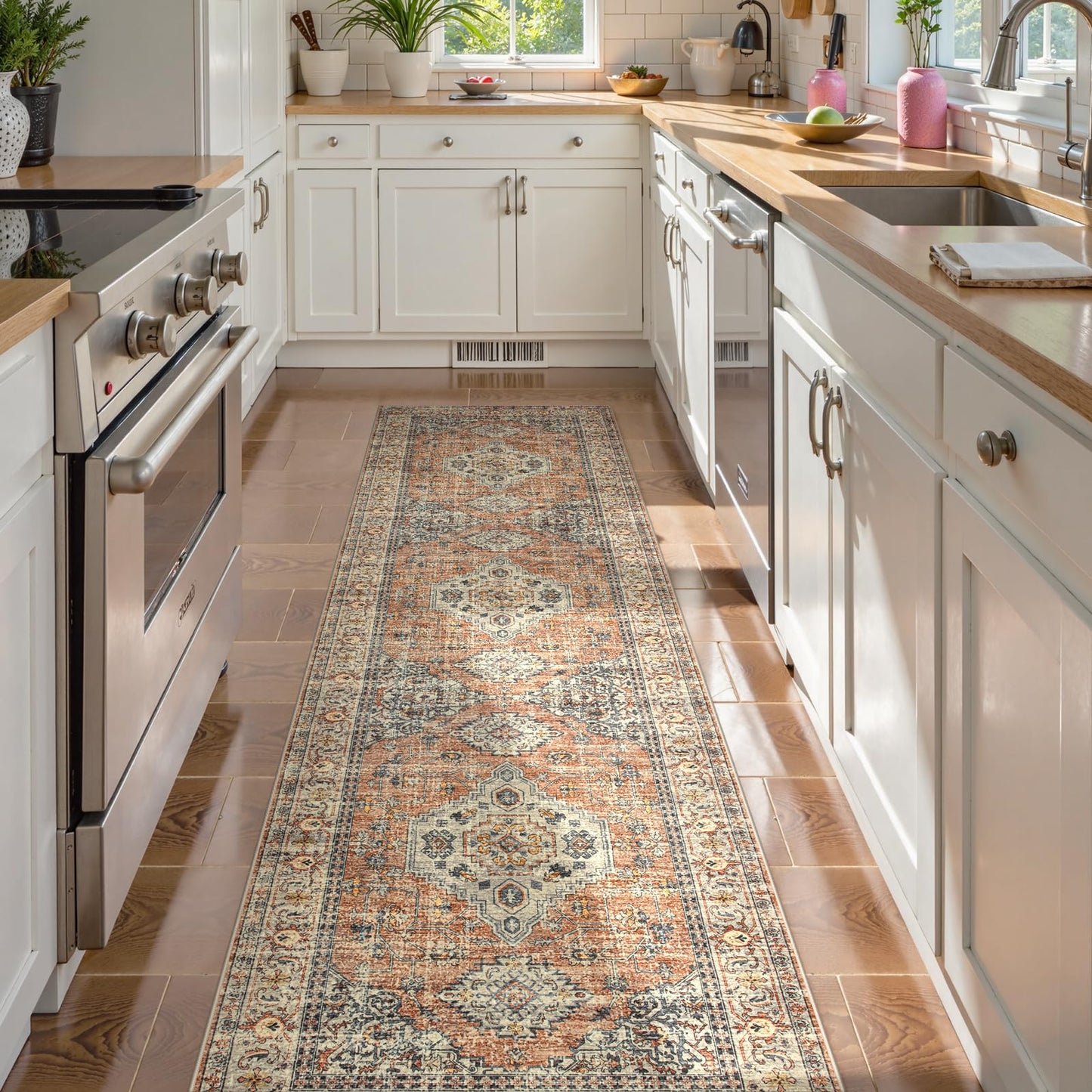 Lahome Oriental Kitchen Runners for Hallways, 2.5x10 Washable Runner Rug Non Slip, Soft Hallway Rug Distressed Ultra-Thin Long Carpet for Bathroom Entryway ‎Bedroom, Peach/Orange