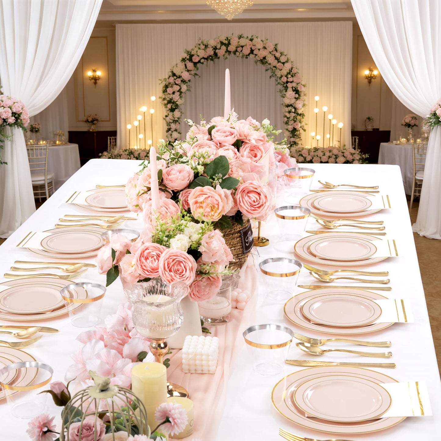GATHER 350PCS Pink Plastic Plates - Disposable Plastic Dinnerware Set Include 100 Pink Plates, 150 Silverware, 50 Napkins, 50 Cups for Party & Wedding & Baby Shower