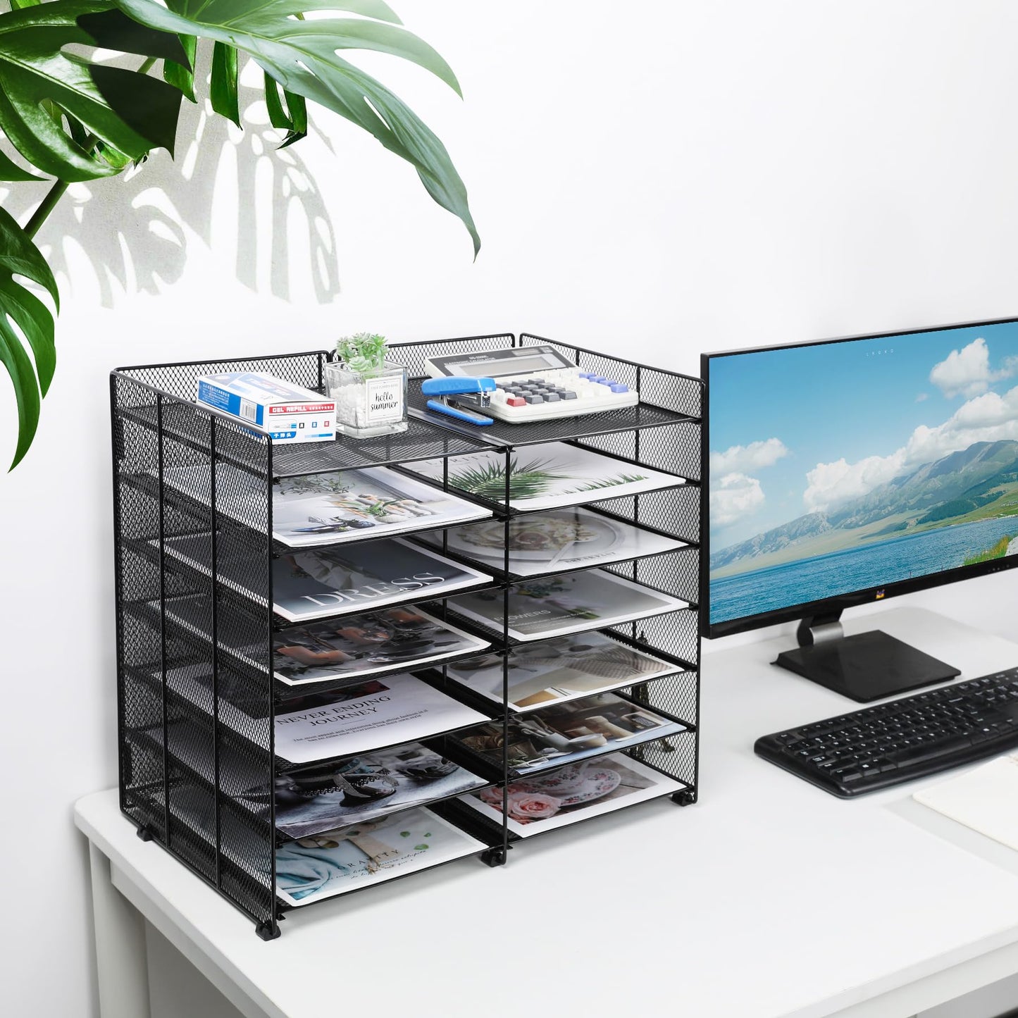 TQVAI 7-Tier Desk Paper Organizer, 12 Slots Mesh Countertop File Mail Organizer, Adjustable Sliding Shelves, Desktop Mailbox Cubbies for Office, Classroom, Black