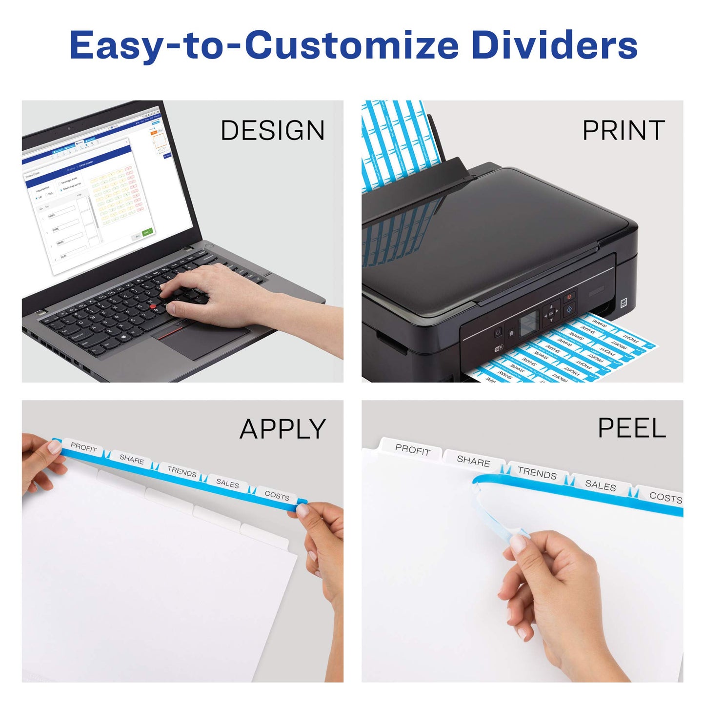 Avery 5 Tab Dividers for 3 Ring Binder, Easy Print & Apply Clear Label Strip, Index Maker Customizable White Tabs, 25 Sets (11446)