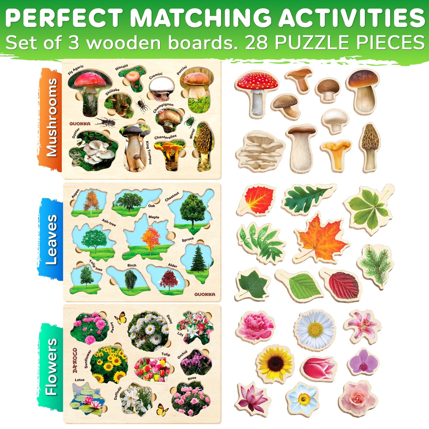 QUOKKA Wooden Puzzles for Toddlers 1-3 – 3X Set Montessori Toys Puzzles for Kids Ages 2-4 – Wood Educational Baby Game 12-18 Months – Gift Learning Mushrooms Flowers Leaves - Boy & Girl 3-5
