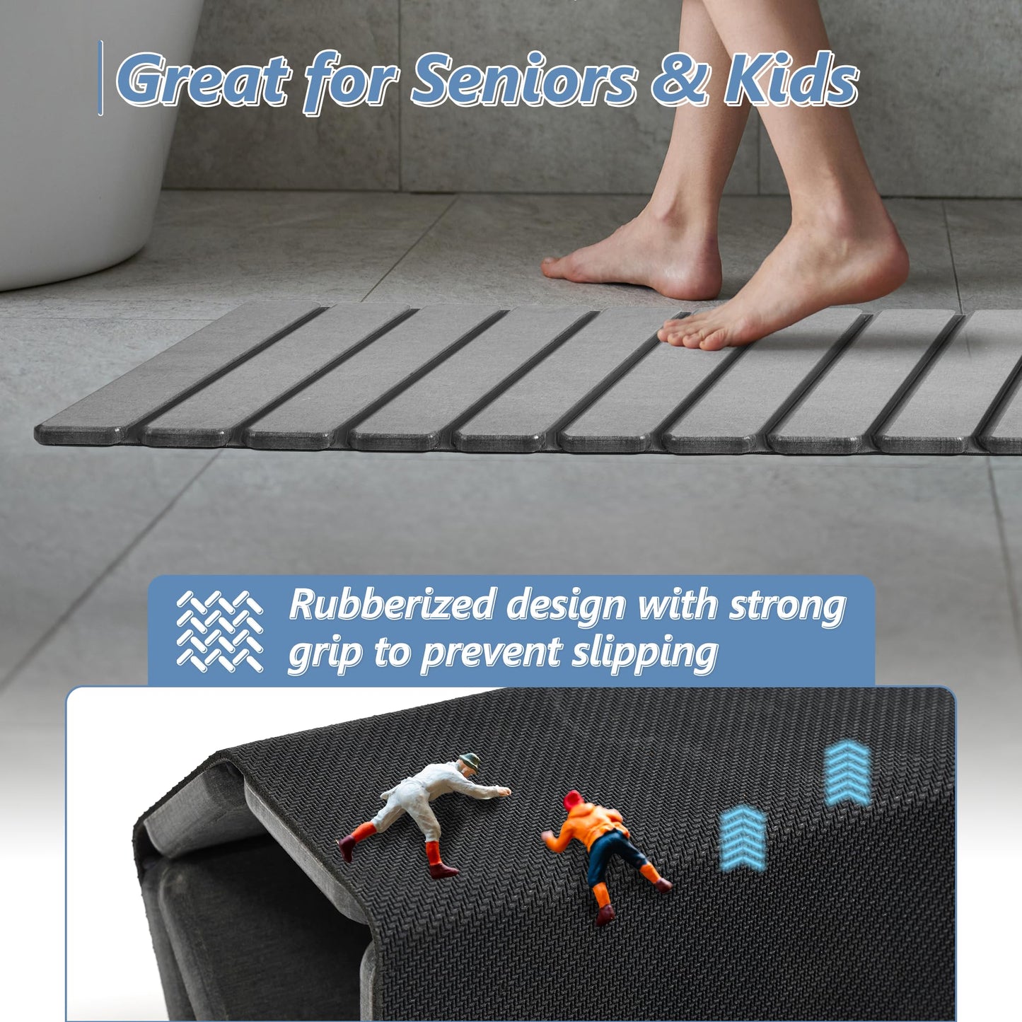 AWW Foldable Stone Bath Mat, Super Absorbent Diatomaceous Earth Mats, Non-Slip 23.6 x 15.5 Inch Quick Drying Mat, Compact and Easy to Store Bath Mats for Bathroom, Easy to Clean, Grey