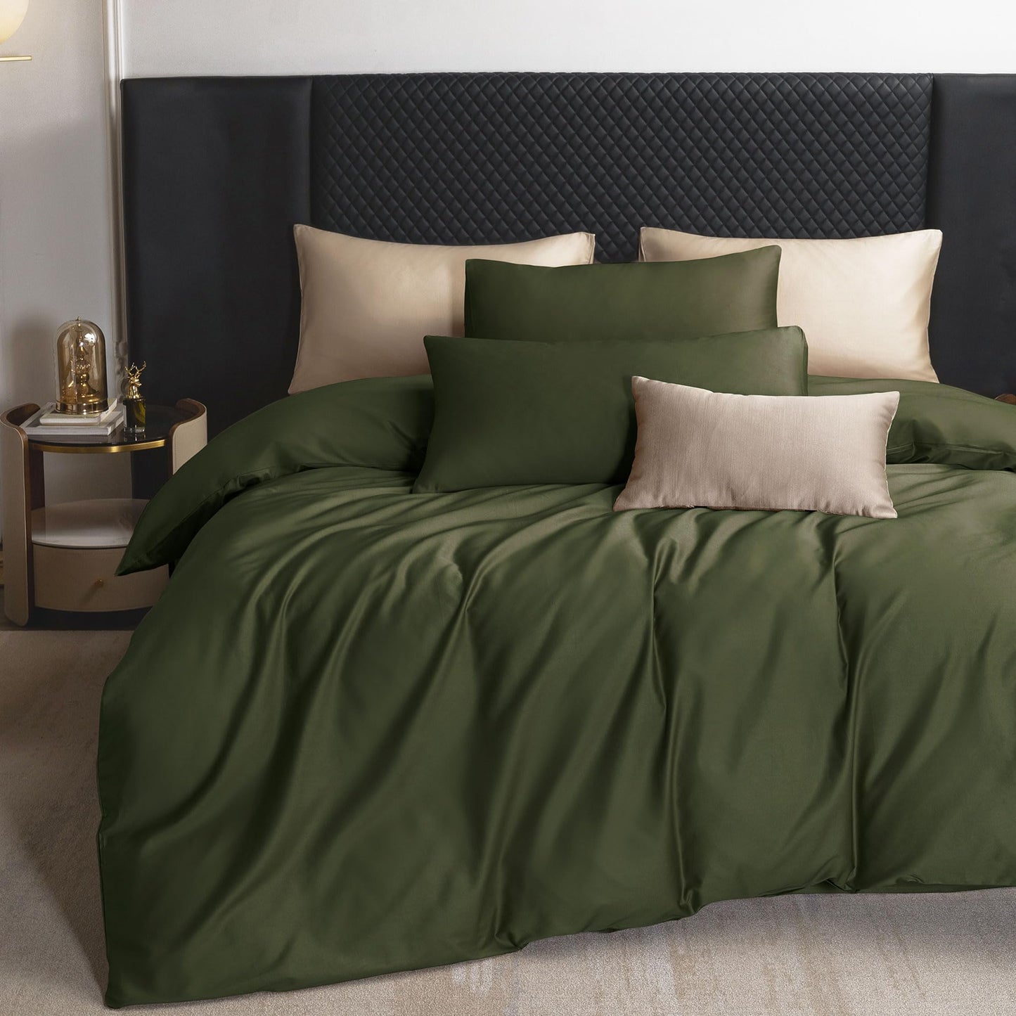 MooMee Duvet Cover Set 100% Extra Long Staple Cotton 600 Thread Count Silky Sateen Smooth Luxury Soft Breathable Durable Hotel Quality Bedding, 3 Pieces (Olive Green, Queen 90"x90")