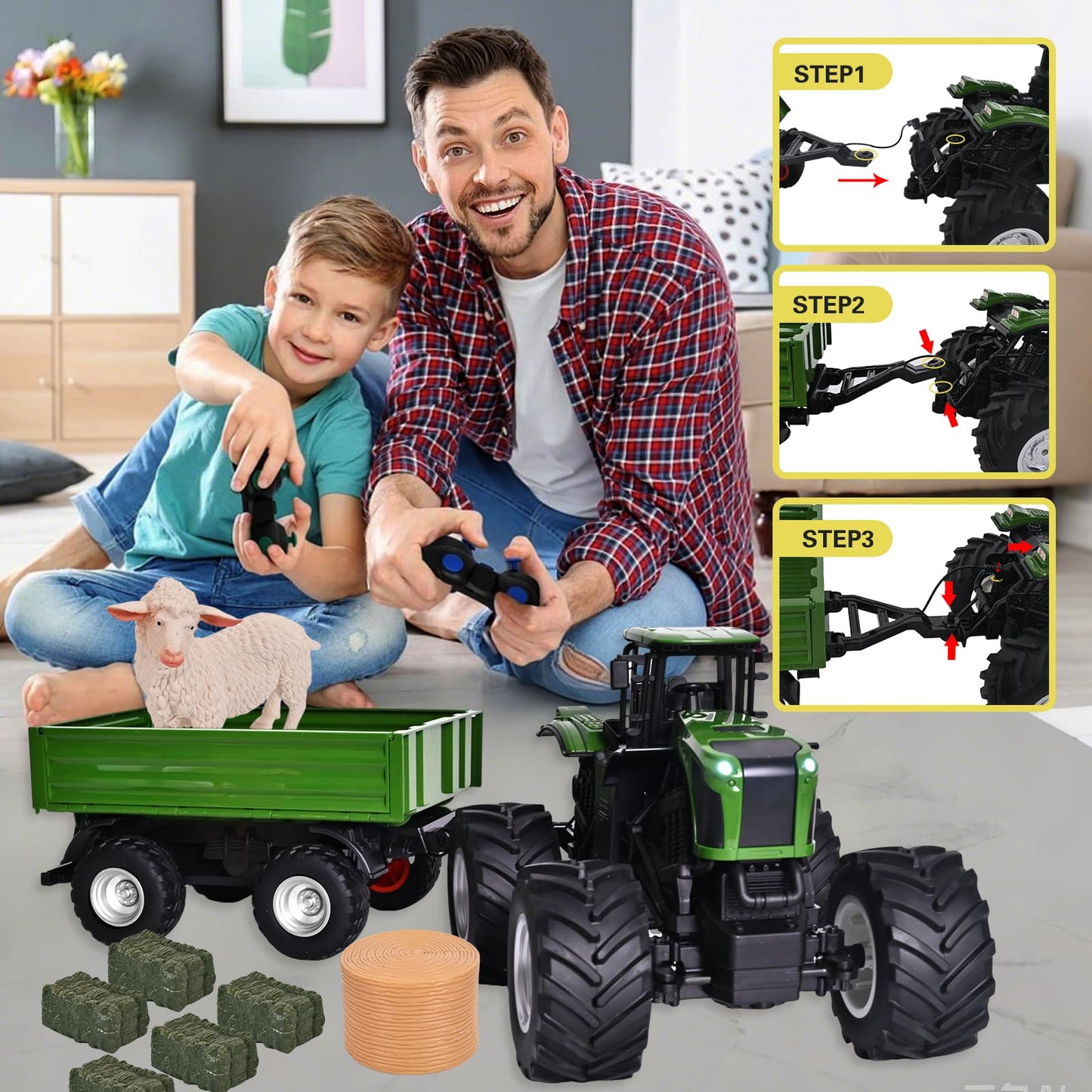 Peagprav Remote Control Tractor Toy with RC Trailer -23.6 Inches 1/16 Scale RC Monster Truck- 2.4GHz Toddlers Farm Vehicle Toys Set for Boys Girls Kids Ages 3-8 Year Old Birthday Gift