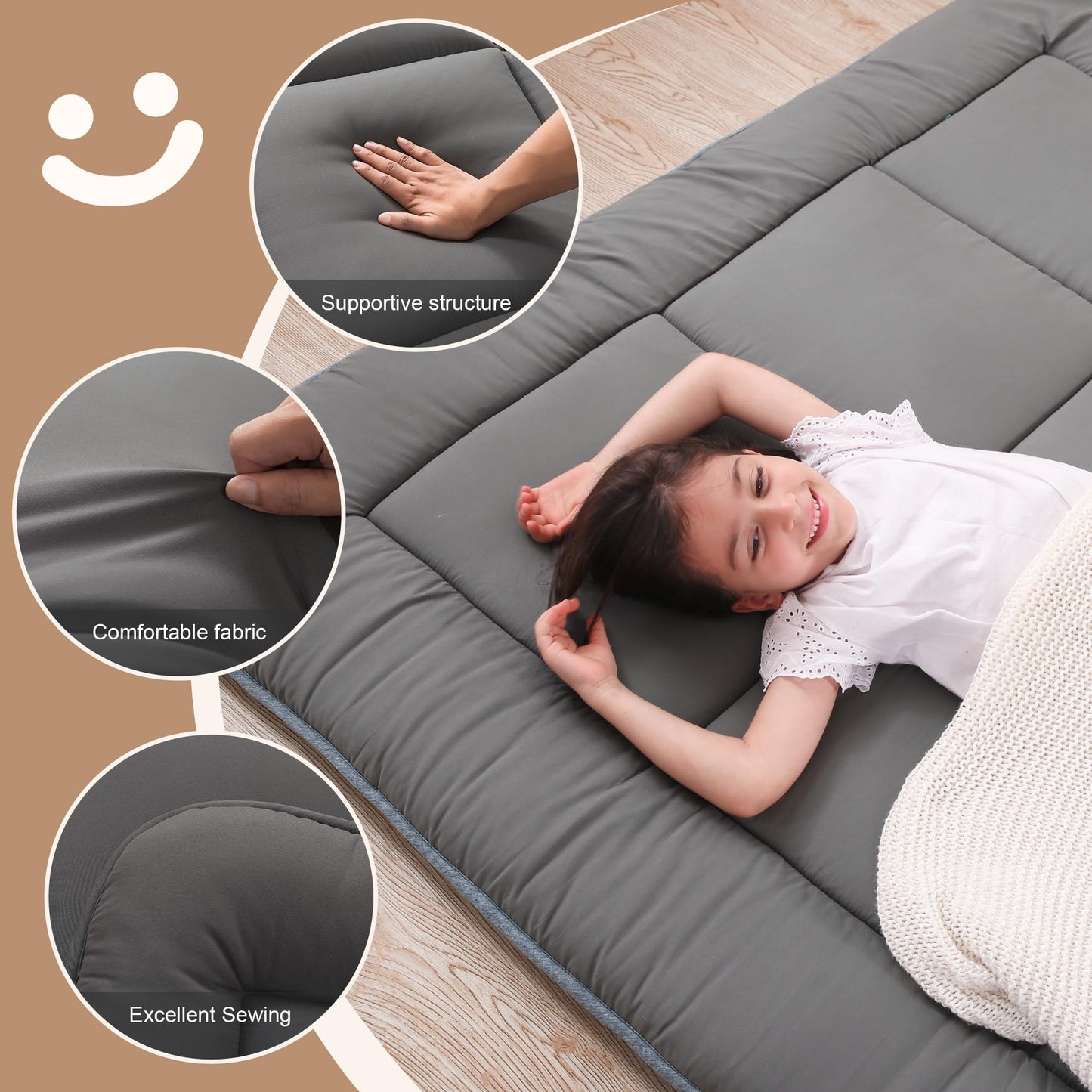 WhatsBedding Japanese Floor Mattress Futon Mattress 3" Grey Tatami Mat Shredded Memory Foam Filled Sleeping Pad, Foldable & Portable Roll Up Lounger Camping Bed,39"x 80" Twin Size