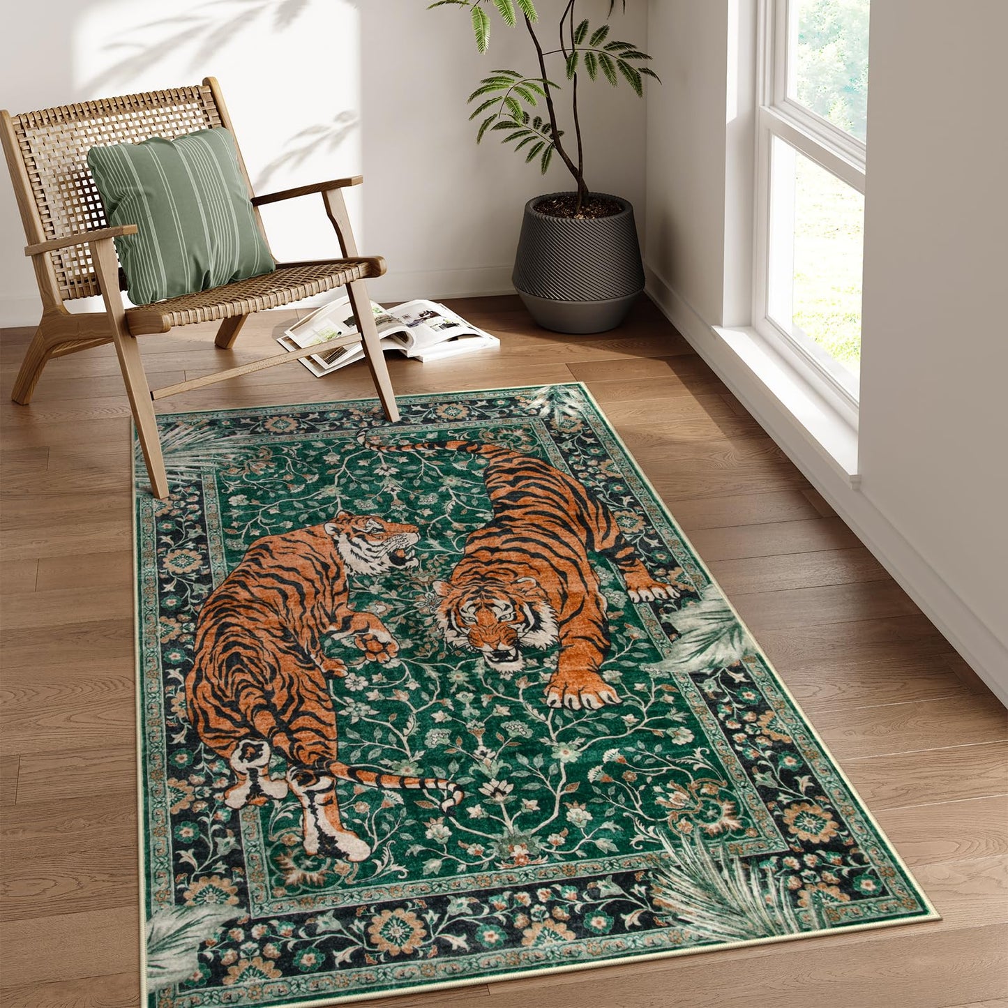 Moynesa Tiger 3x5 Washable Rug, Boho Area Rugs for Entryway, Green Non Slip Small Rug for Bedroom, Ultra Thin Botanical Soft Accent Carpet for Kitchen Entry Laundry Room
