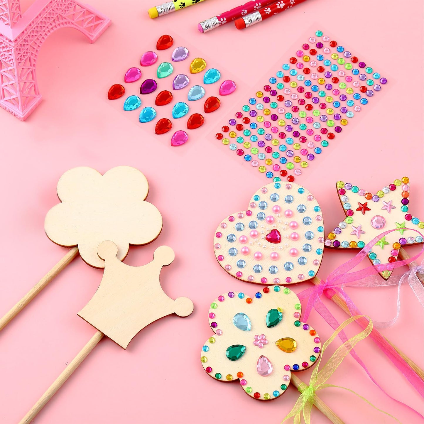 Princess Fairy Wands Kit Include Wooden Fairy Wands, Gem Stickers, Ribbons Unfinished Wooden DIY Magical Wand Crafts Moon Butterfly Magical Wand for Girls Make Your Own Princess Wand (36)
