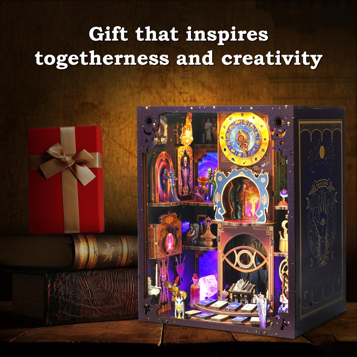 Book Nook Kit - Fantasy Tarot 3D Wooden Puzzle for Adults, Teens & Beginners, DIY Miniature Bookshelf Insert with LED Light, Mysterious Craft Gift for Model Builders