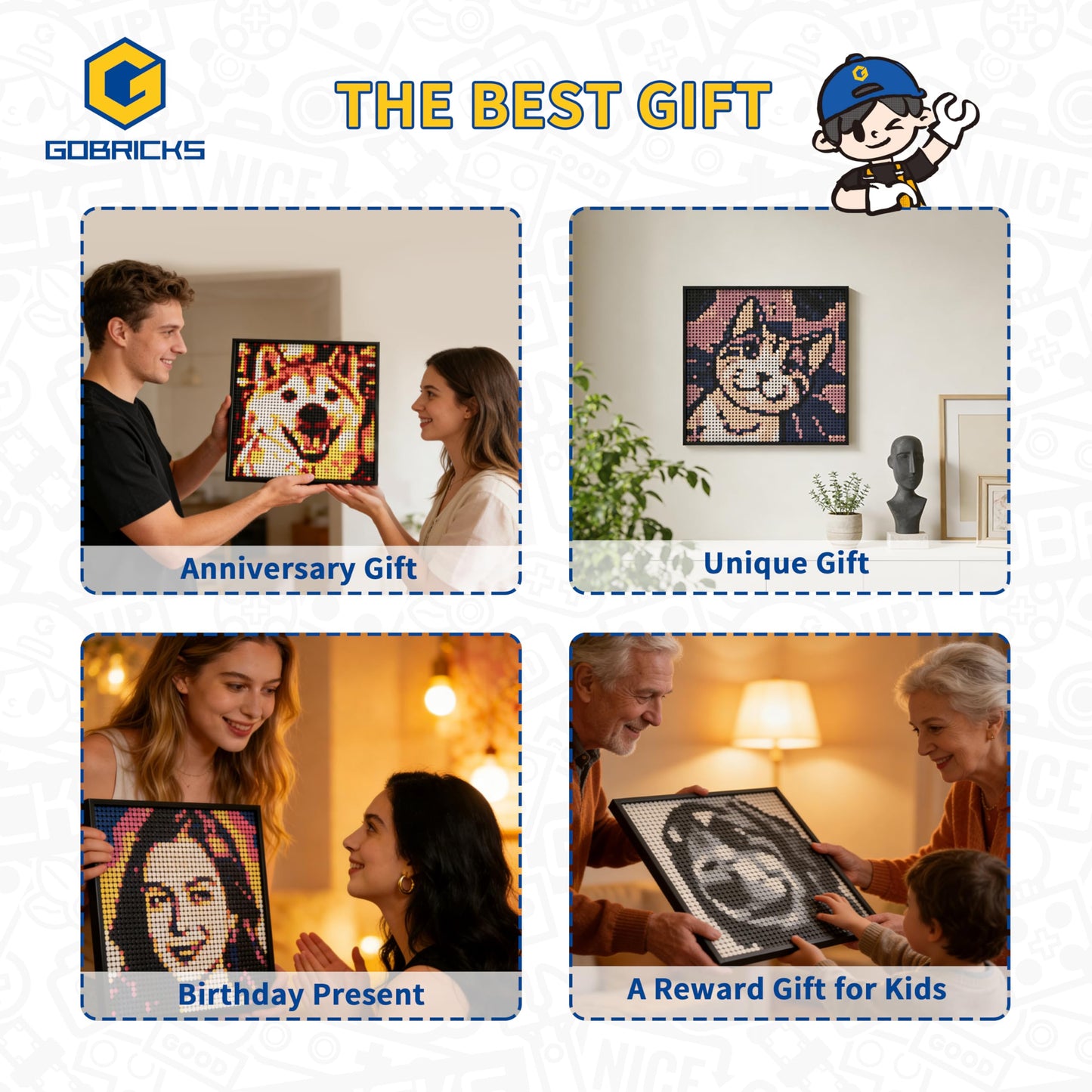 GOBRICKS Personalized Mosaic Building Set, DIY Craft Kit for Brick Wall Art Creation from Any Photo, Unique Gift for Birthday, Anniversary, Pixel Art Kit Desktop Decor (15.75 in x 15.75 in,2912pcs+)