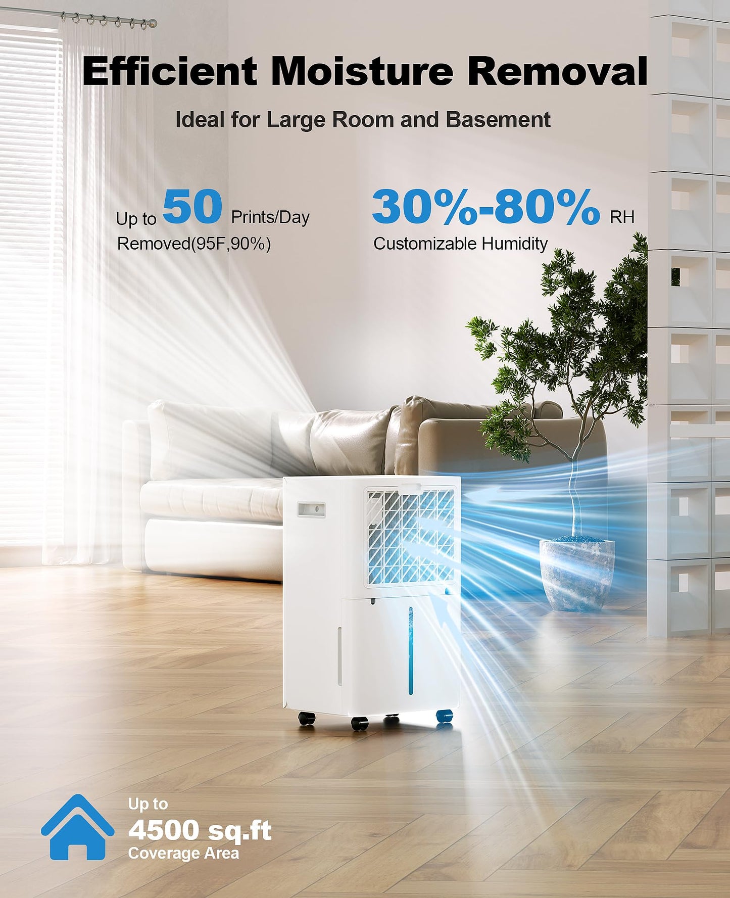 4500 Sq. Ft Dehumidifier for Basement, Lienuis 50 Print Dehumidifiers for Home with Drain Hose, Auto or Manual Drainage, Humidity Control, Dry Clothes Function, 24H Timer,1.06 Gallon Water Tank
