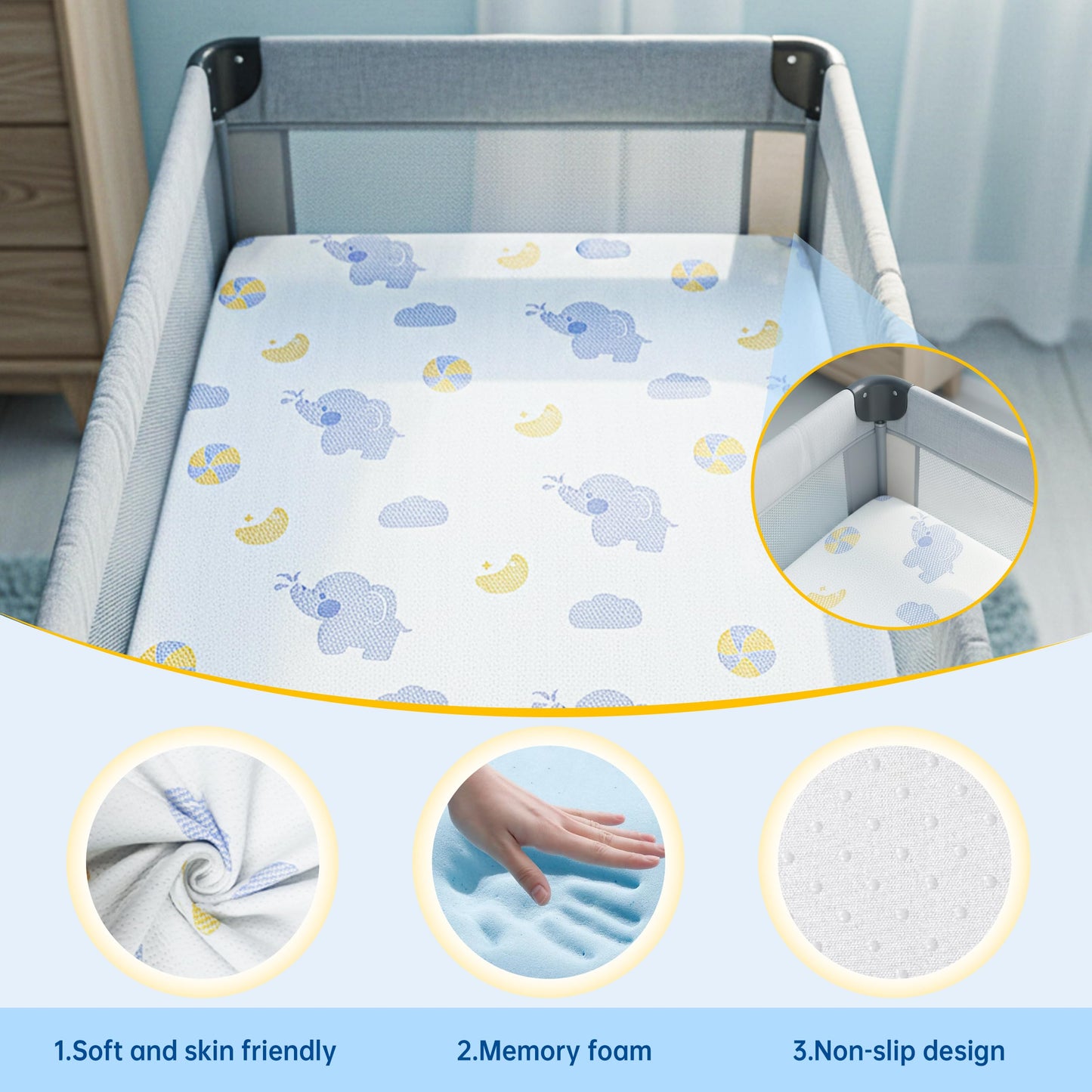 WEVFGHI Pack and Play Mattress Pad, 38"x26" Dual Sided Soft & Firm Memory Foam Pack N Play Mattresses, Breathable Mattress for Pack N Play Mattress with Non-Slip Bottom Washable Cover