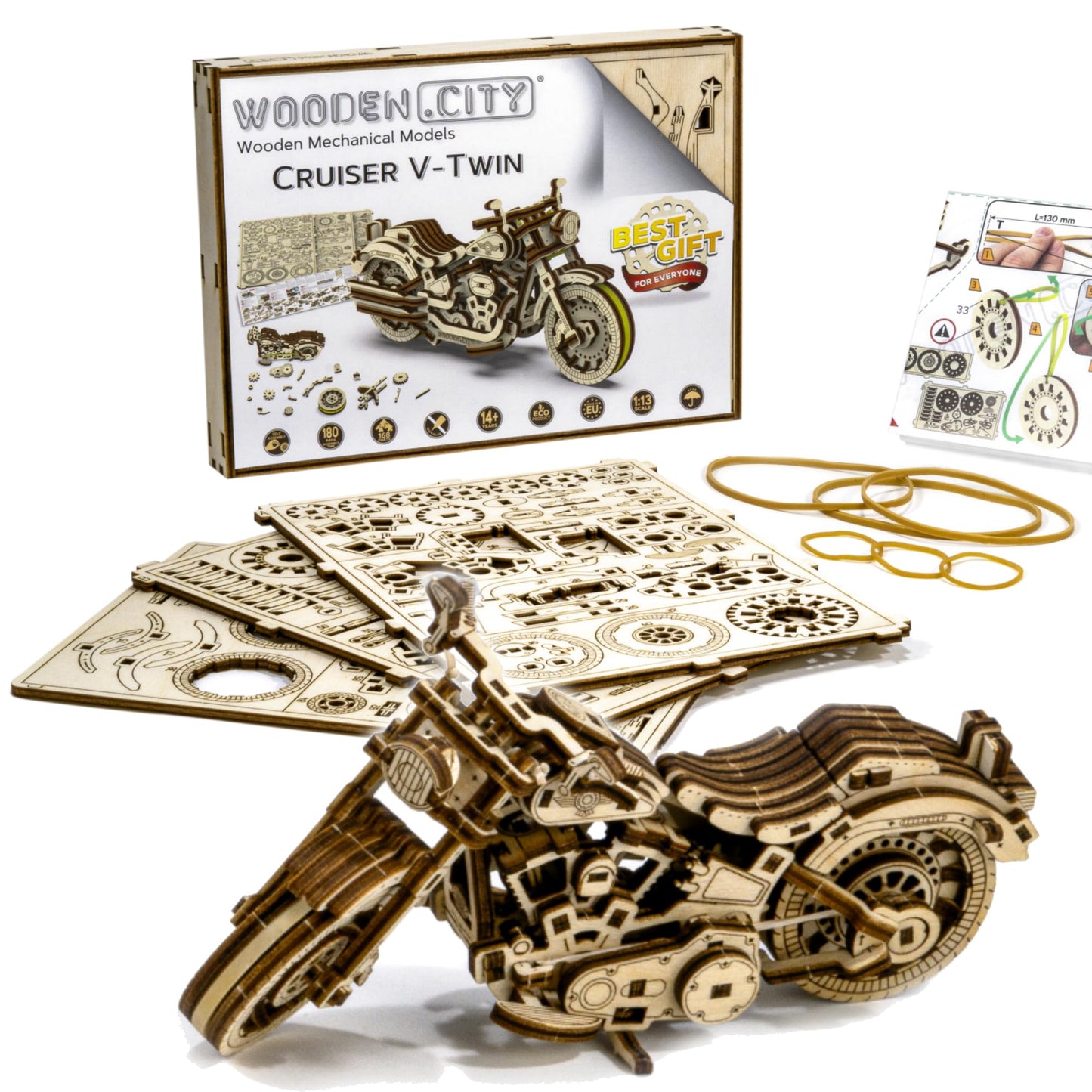 Wooden.City Motorbikes Cruiser V-Twin - 3D Wooden Model Kits for Adults to Build - Craft Model Building Kits for Adults, Men, Women & Teens 14+ - Wooden 3D Puzzles for Adults - 168 Pieces, 1:13 Scale