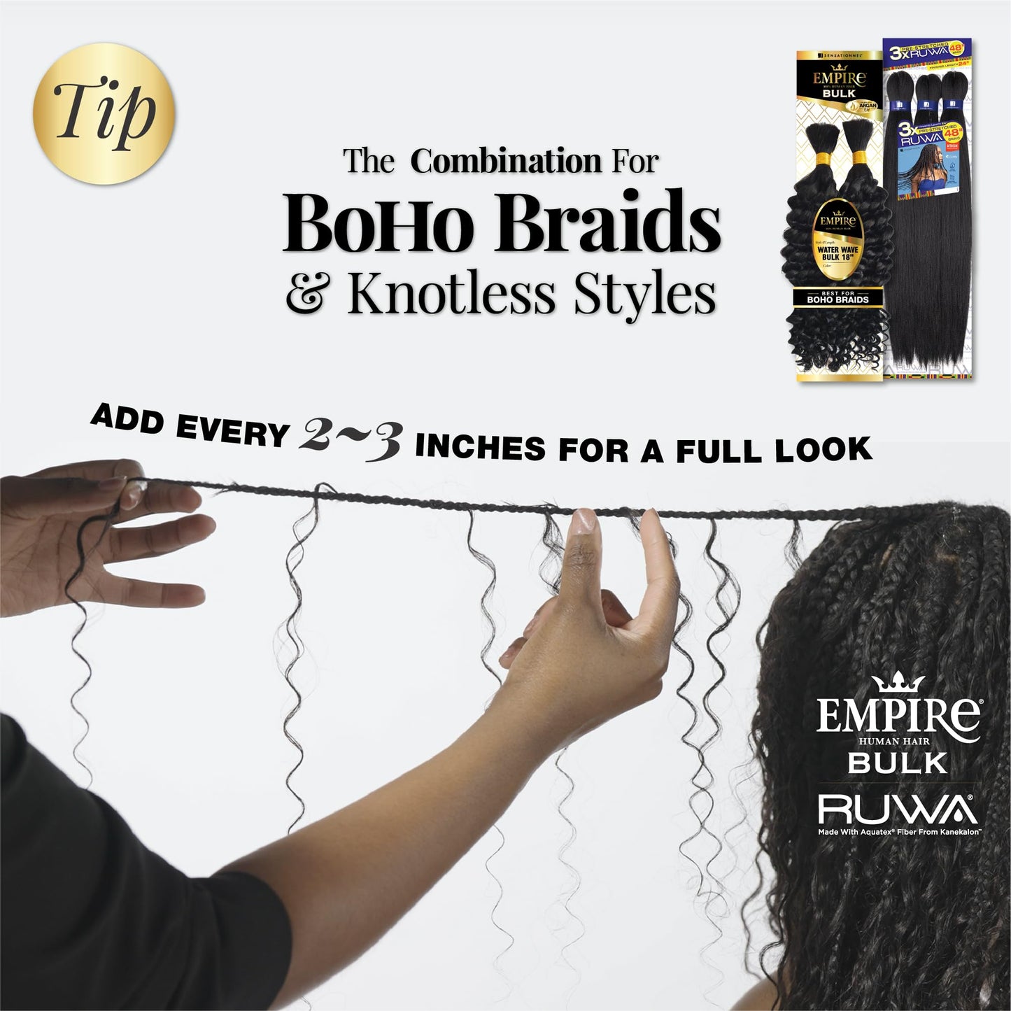 Sensationnel Empire bulk braiding – water wave 18 inch human hair braids for knotless boho box or curly loose wave styles - 1 pack (1B OFFBLACK)