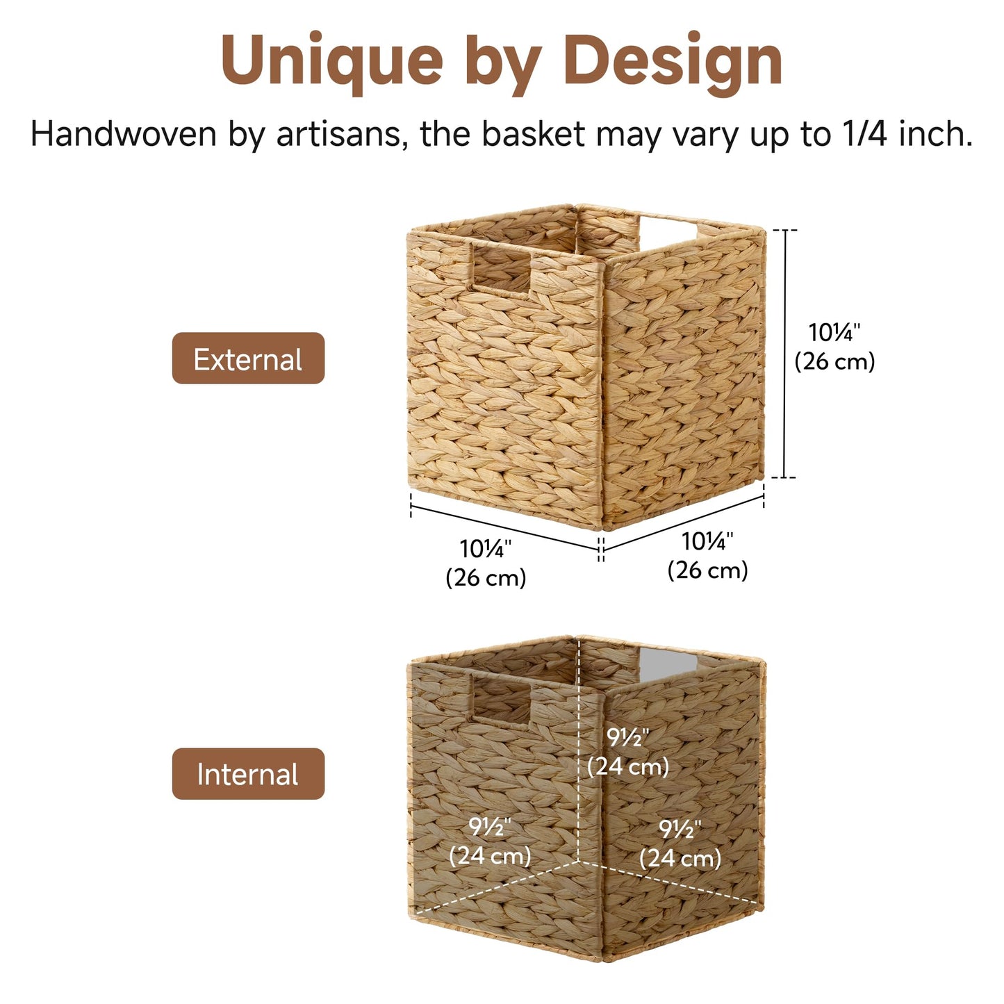 StorageWorks 10.5 inch Wicker Storage Baskets, Handwoven Wicker Basket for Organizinng, Foldable Water Hyacinth Square Storage Cubes, Natural, 4Pack