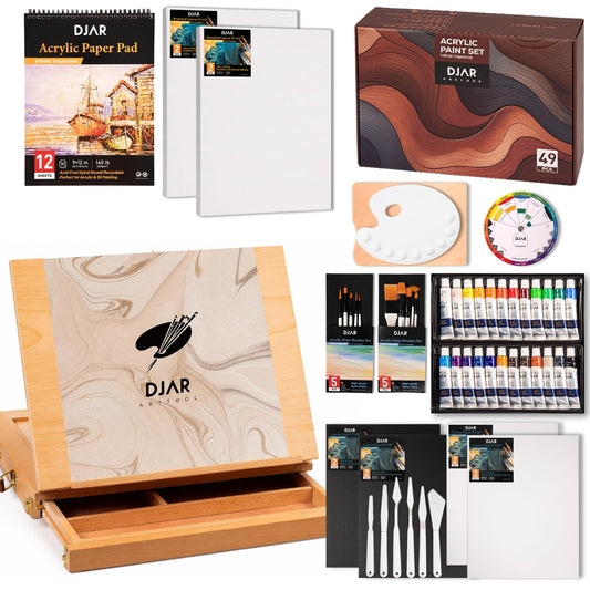 DJAR 49 pcs Acrylic Paint Set with Tabletop Easel Box, 24 Acrylic Paint Colors, Sketchbook, Painting Pads, and Complete Acrylic Art Supplies Kit for Adults, Teens, and Beginners