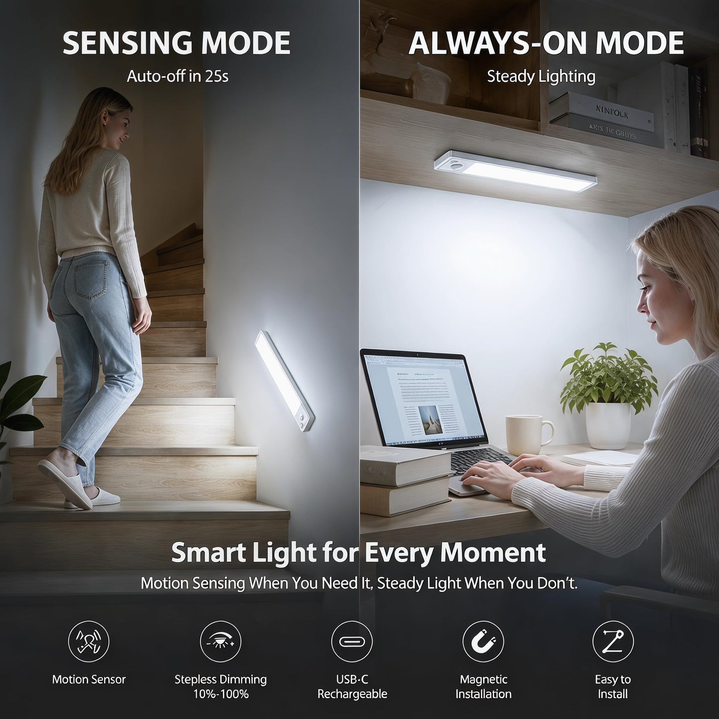 Under Cabinet Motion Sensor Lighting: Dimmable Rechargeable Lights Indoor - Battery Operated Lights - Undercabinet Wireless Closet Light Magnetic Led Light for Kitchen Home Bathroom Counter 5 Pack
