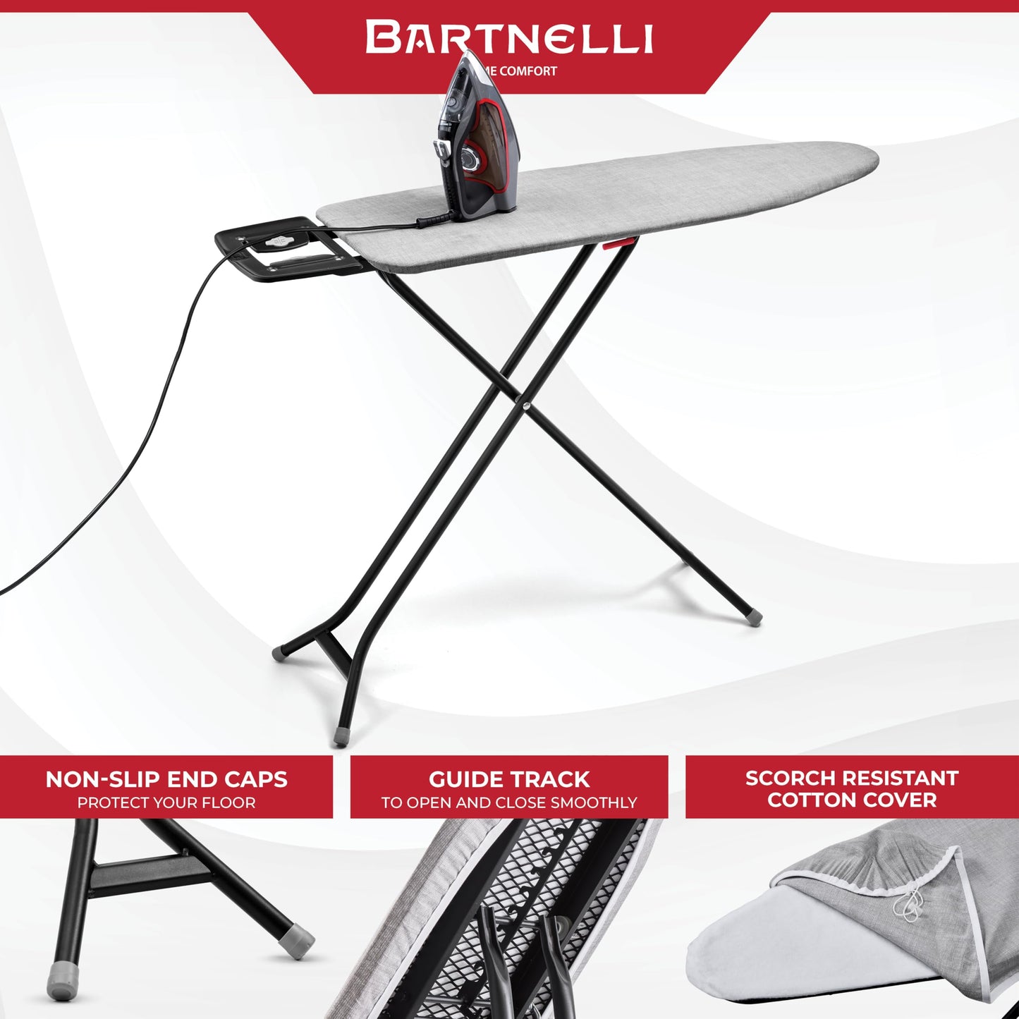 Bartnelli Extreme Stability Ironing Board 43x13 Upgraded Heavy-Duty Metal Frame & Iron Rest, Height Adjustable, Foldable, 4 Non-Skid Feet, 100% Cotton Cover, Made with Patent European Engineering