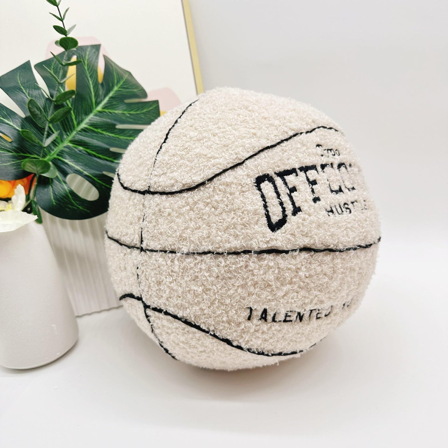 Tezimjia 2023 New Offcourt Basketball Pillow, 11" Basketball Shaped Teddy Fleece Embroidered Throw Pillow Fuzzy Plush Toy Gifts for Kids Boys Girls (Beige)