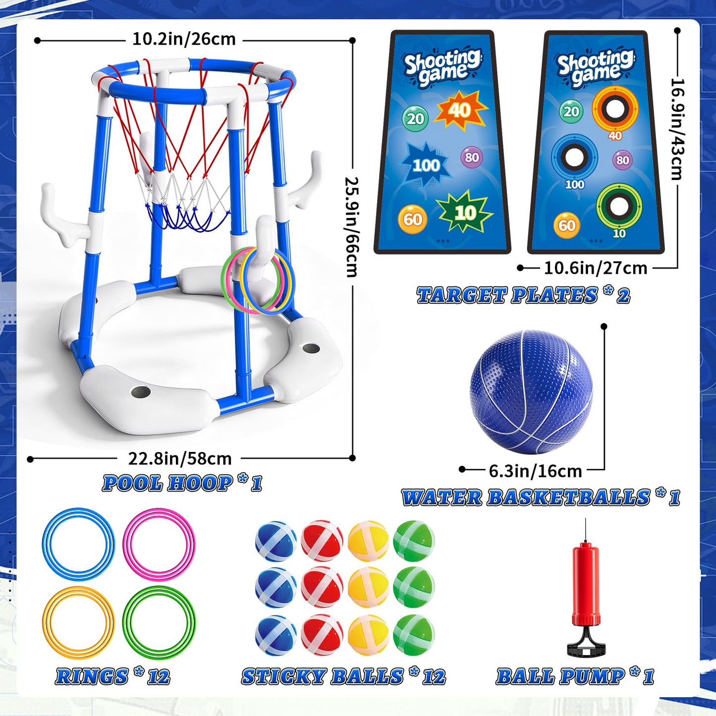 Sitodier Pool Basketball Hoop, 4-in-1 Floating Basketball Hoop with Rings Game Shooting Game and Sticky Balls for Family Party, Outdoor Swimming Pool Games Summer Water Sports Toy for Kids Age 3-12