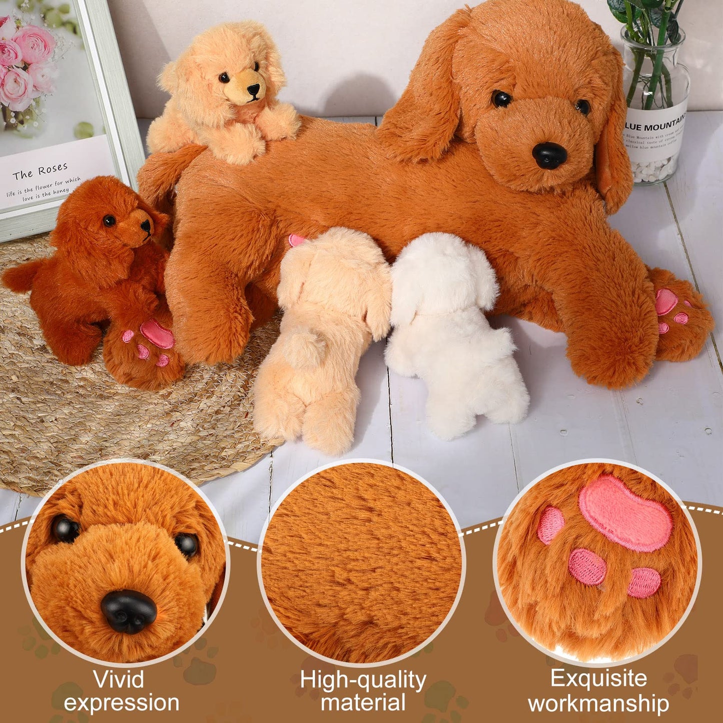 Nurturing Dog Stuffed Animal with Puppies, Soft Cuddly Golden Retriever Plush Toys for Girls Boys Plushy Nursing Mommy Dog with 4 Stuffed Baby Puppies for Birthday Party Favor Gifts (Golden Retriever)
