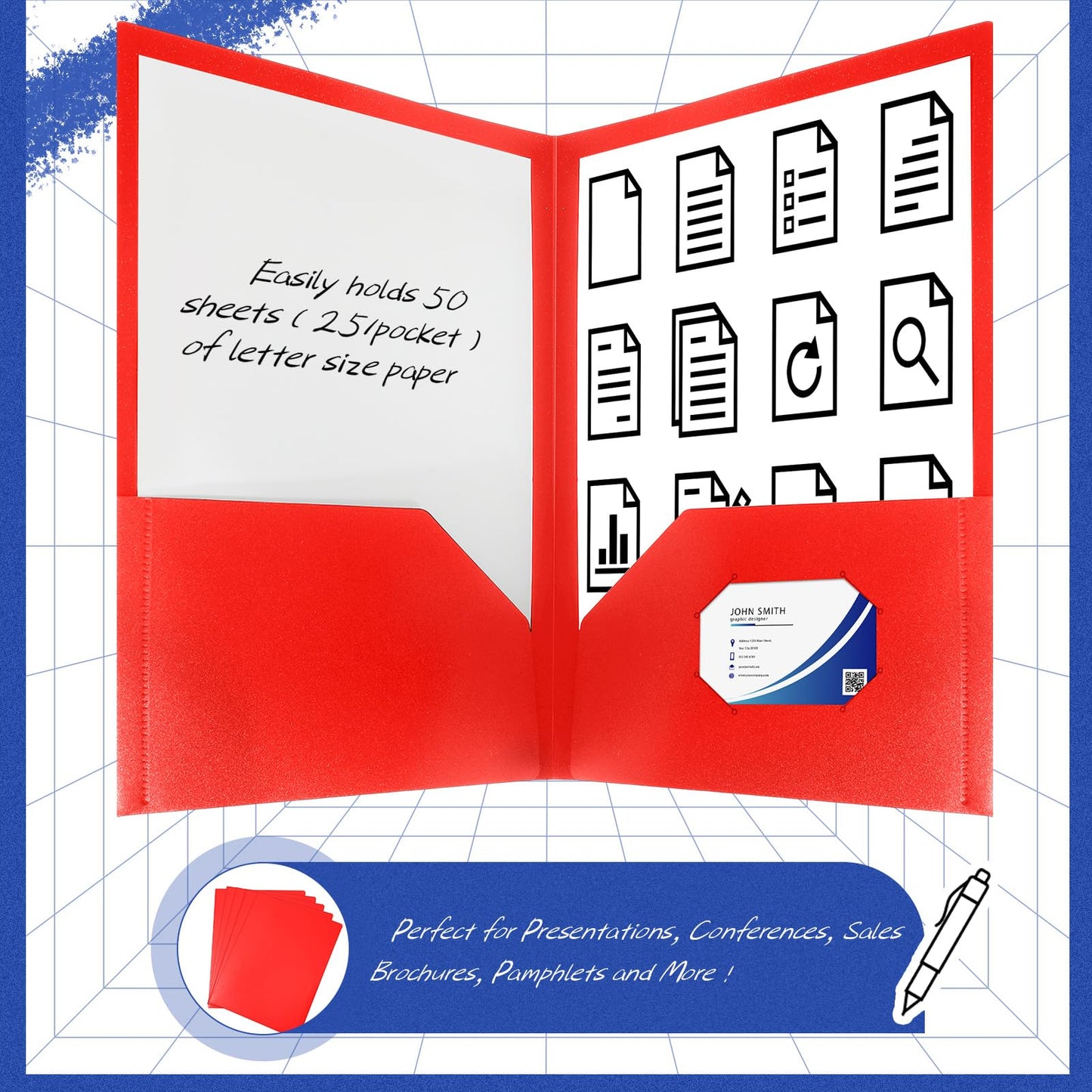Patelai 50 Pack Pocket Folders Bulk 2 Pocket Heavy Duty Plastic Folders with Pockets Letter Size Folders Business Card Holder for School Office File (Red Color)