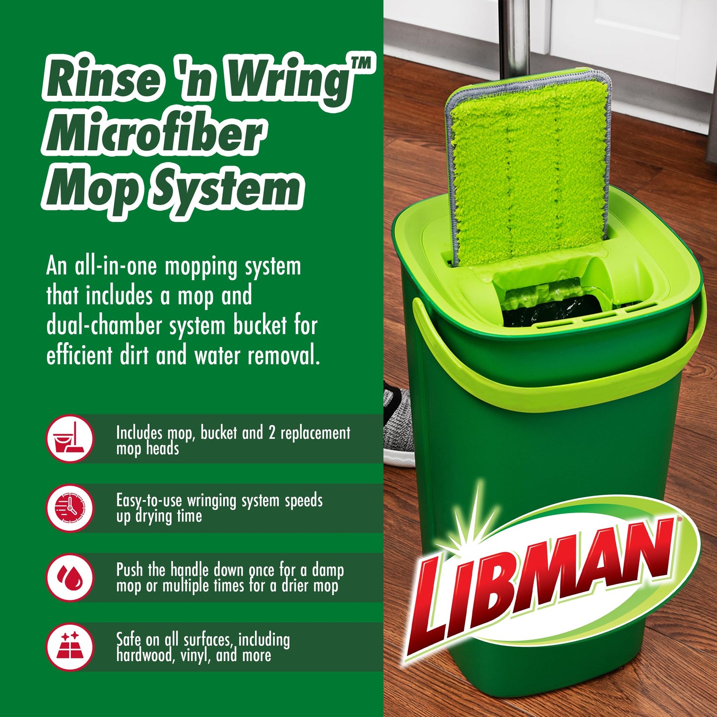 Libman Rinse 'n Wring Mop and Bucket System, Microfiber Dry Wet Mop for Floor Cleaning, Hardwood, Laminate, Tile Cleaner, Dual Chamber Bucket Design, 2 Total Refill Replacement Head Pads