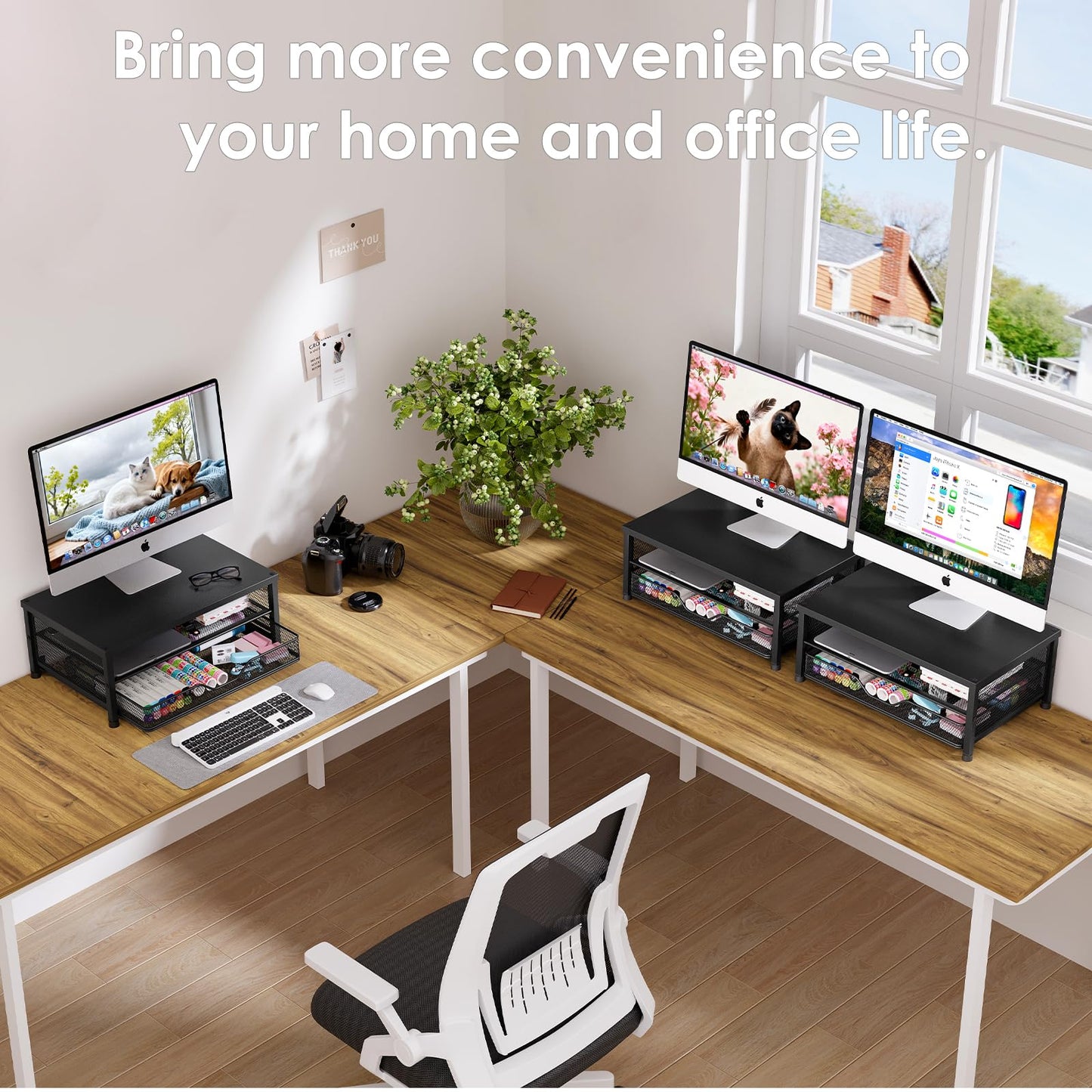 OPNICE Computer Monitor Stand Riser, Desk Organizer with Drawer, Printer & Laptop Stand, Office Desk Accessories & Workspace Desktop Organizers Storage for Office Supplies(Black 2-Pack)