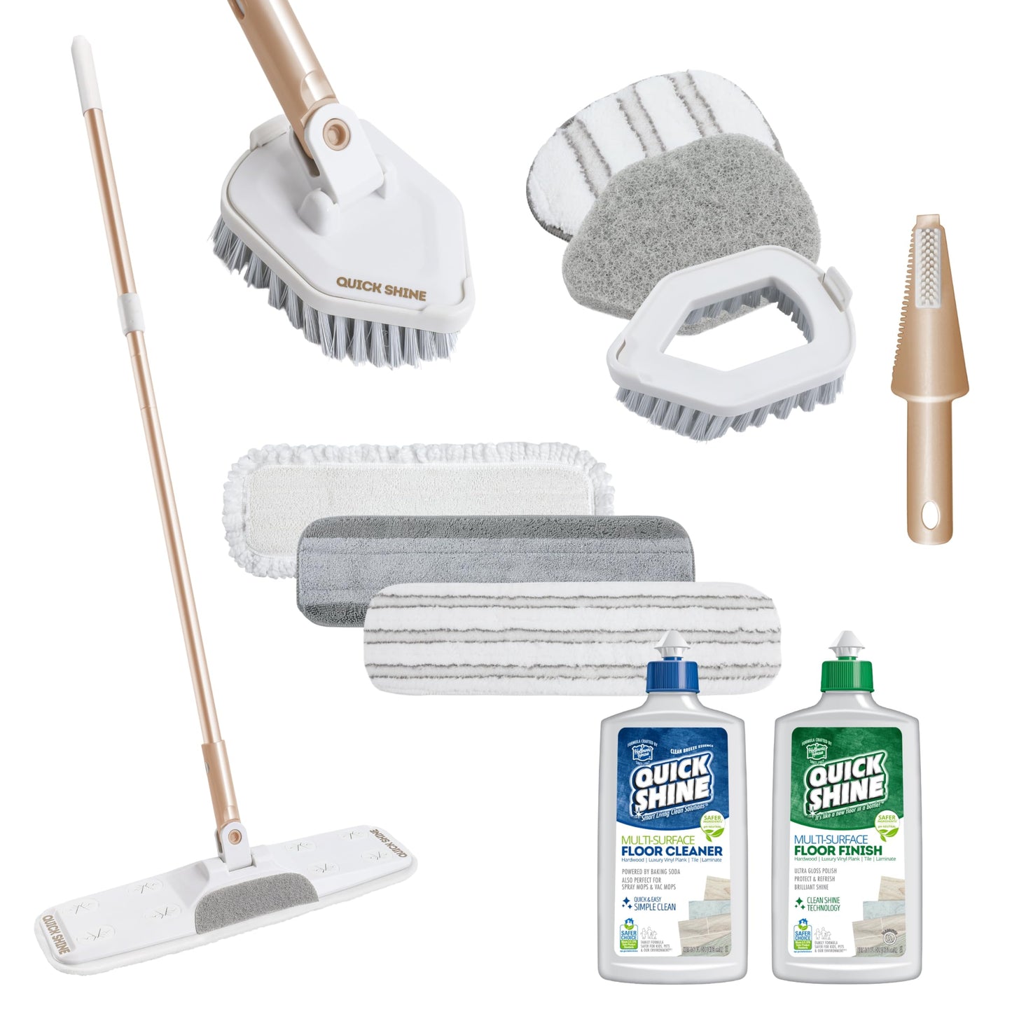 Quick Shine Ultimate Gold Clean + Polish Mop Kit, 11 Pc Set w/Interchangeable Attachments, Cleaner & Finish Included | 2-in-1 Pro Cleaning System w/ Microfiber Pads | All Floors | No Batteries Needed