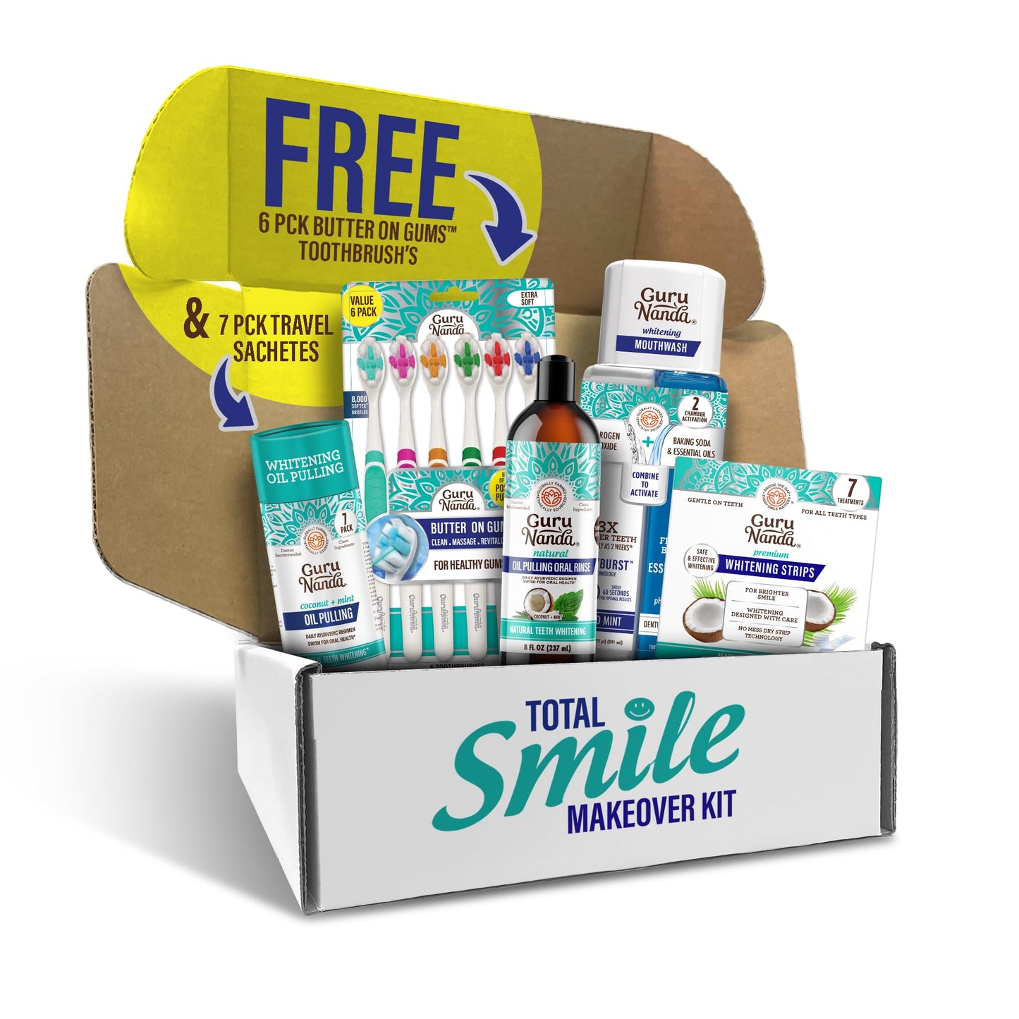 GuruNanda Total Smile Makeover Kit Regular with Cocomint Oil Pulling, Dual Barrel Whitening Mouthwash, Whitening Strips & Butter on Gums Toothbrushes