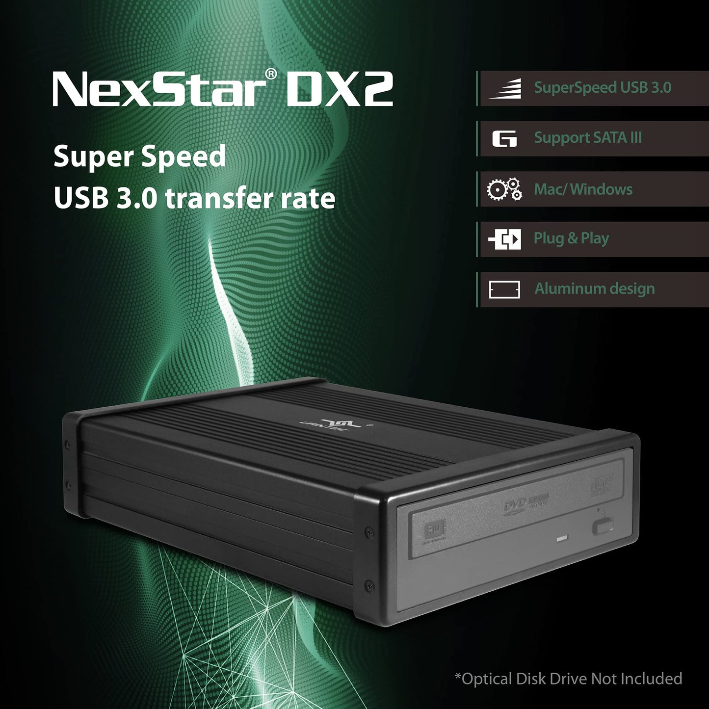 NexStar DX2 USB 3.0 External Enclosure, Design for 5.25" Blu-Ray/CD/DVD SATA Drive, 2nd Gen DX, Aluminum Alloy, fit Any Depth Optical Drive, TAA Compliant, USB Hot swappable (NST-540S3-BK)