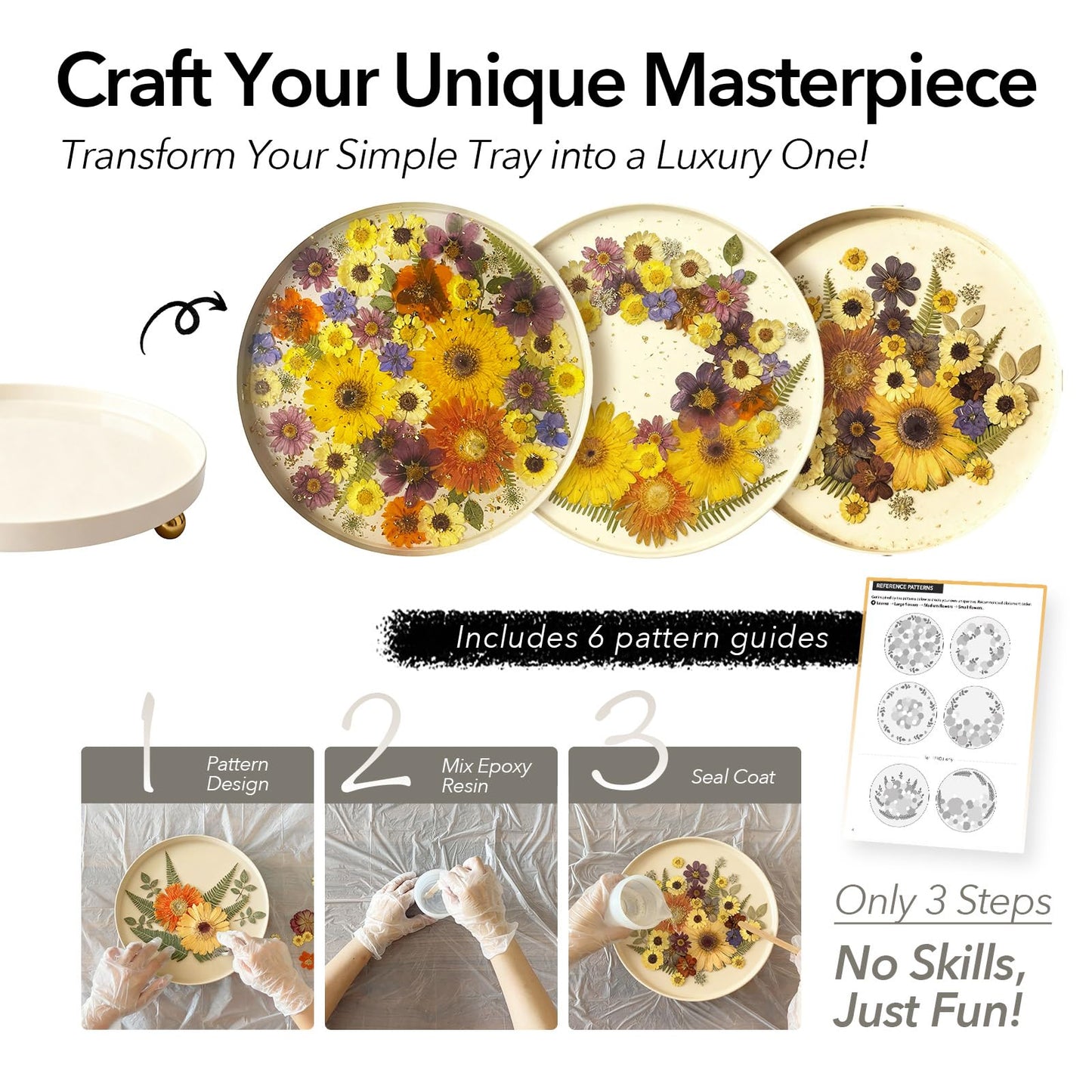 Auraeve All-in-One Craft Resin Kit for Adult - Create Your Own Real Flower Tray, Gift for Crafter Women, Beginner Friendly, Use as Vanity, Perfume, Trinket Organizer, Table Decor (11.8", Beige-Pro)