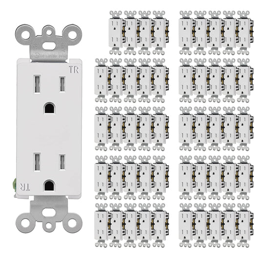 CML 15 Amp Decorator Wall Recetpacle Outlet, 50 Pack Tamper Resistant (TR) Decor Standard Electrical Outlets, 15A/125V, 2 Pole 3 Wire, UL Listed, White