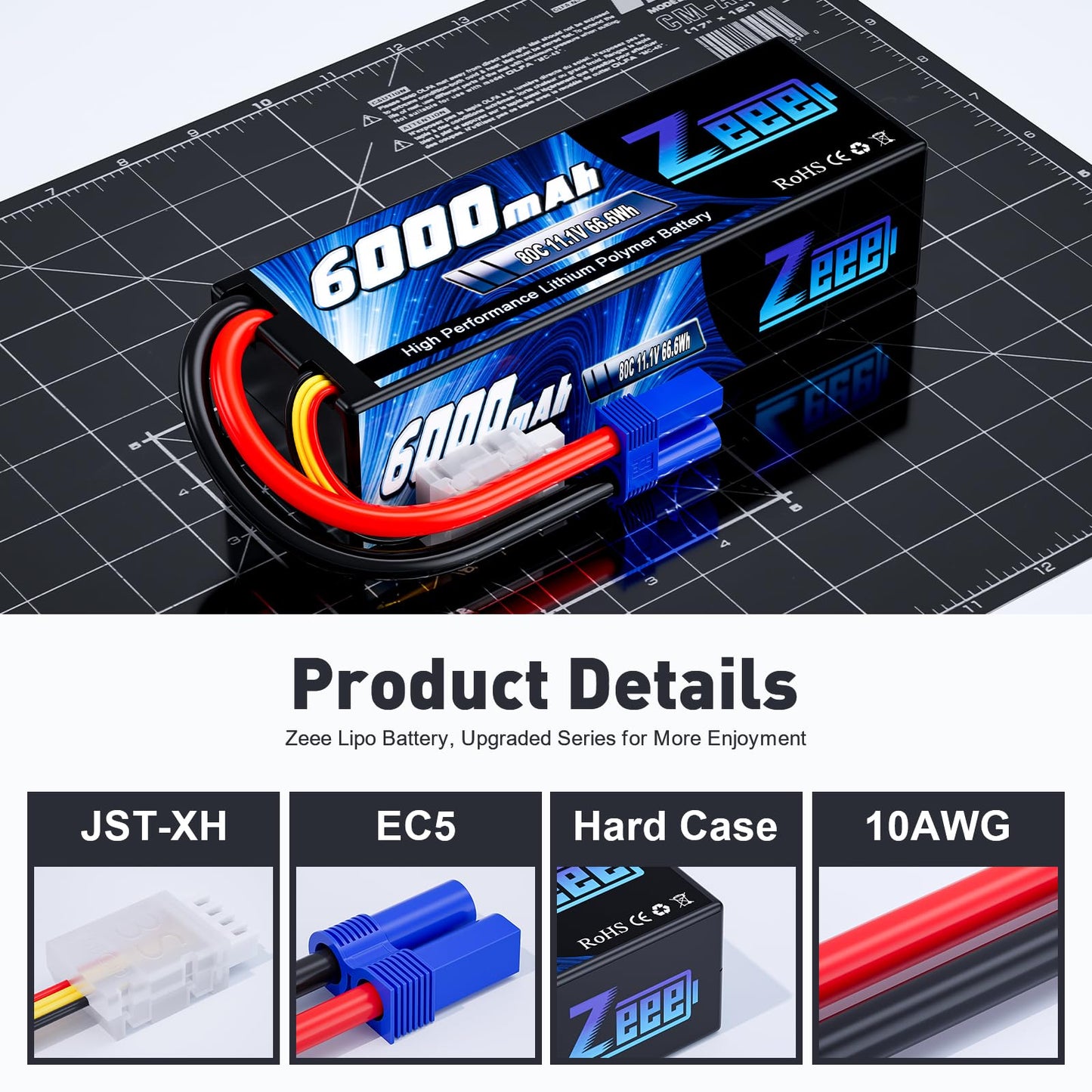 Zeee 11.1V 80C 3S 6000mAh Lipo Battery Hard Case Battery with EC5 Connector for RC 1/8 1/10 Scale Vehicles Car Trucks Boats(2 Pack)
