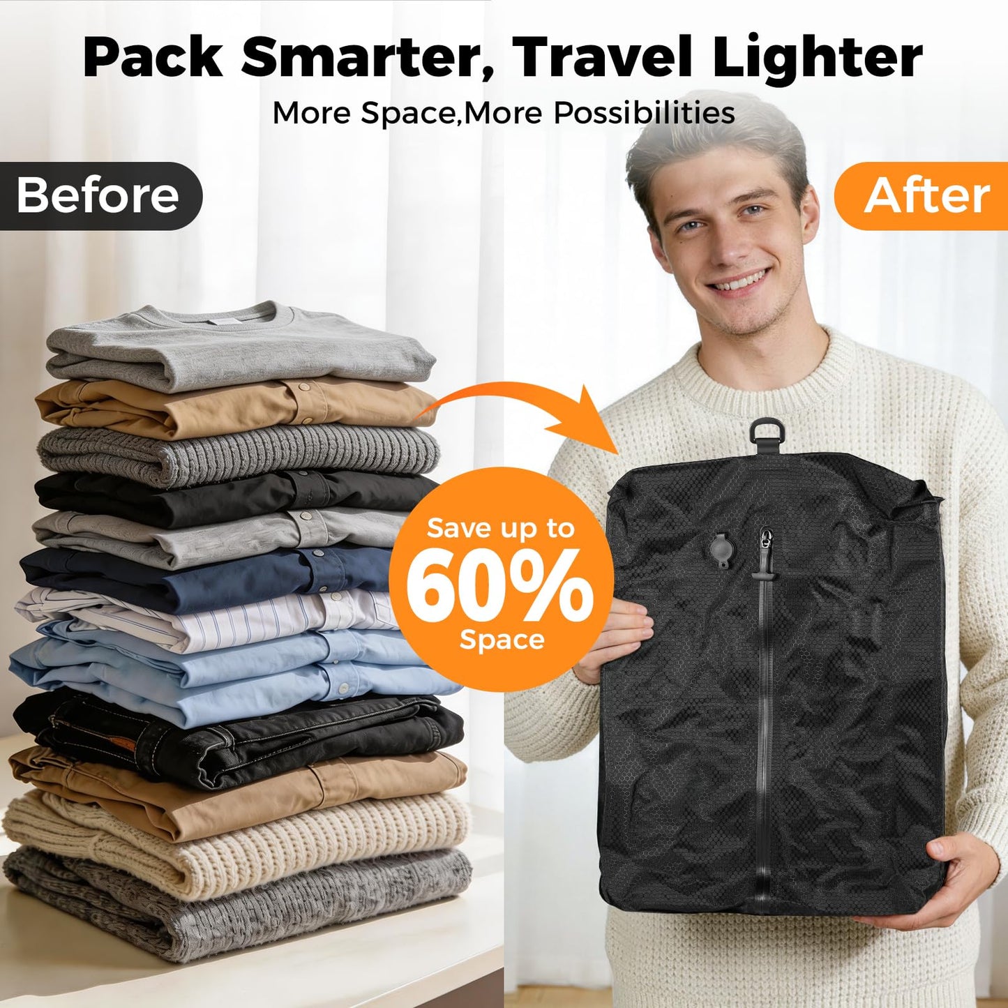 Travel Vacuum Seal Bags with Wireless Rechargeable Pump, 25L Durable Reusable Compression Packing Bags for Carry-On Suitcase & Backpack, IP67 Waterproof Space Saver Kit (2 Pack)