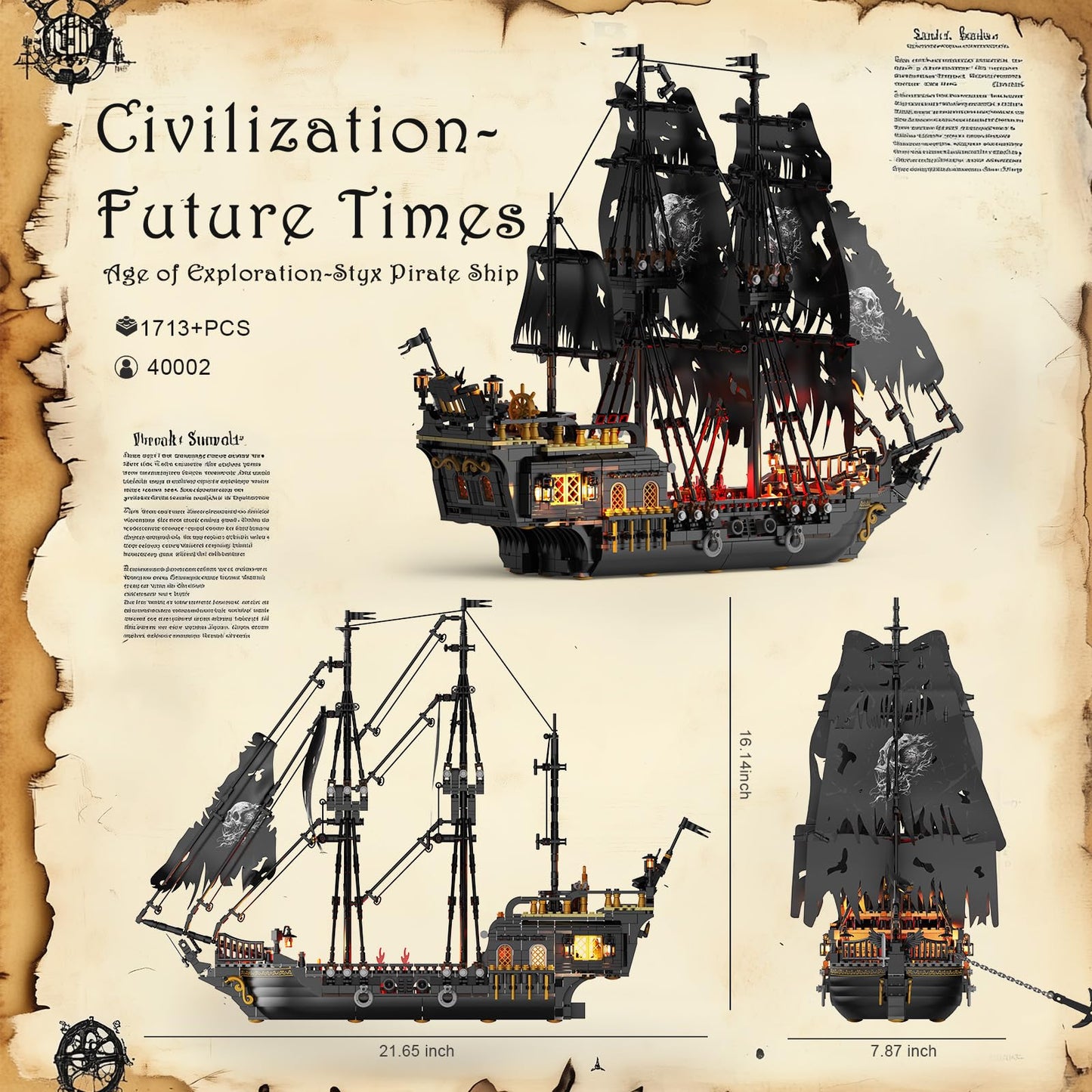 JMBricklayer Pirate Ship Building Toys with Lights, Pearl Pirate Ship Model Boat Kit 40002, Black Ship Toy Building Sets for Adult Teens 14+, Home Office Decor(1713 PCS) New Upgrade