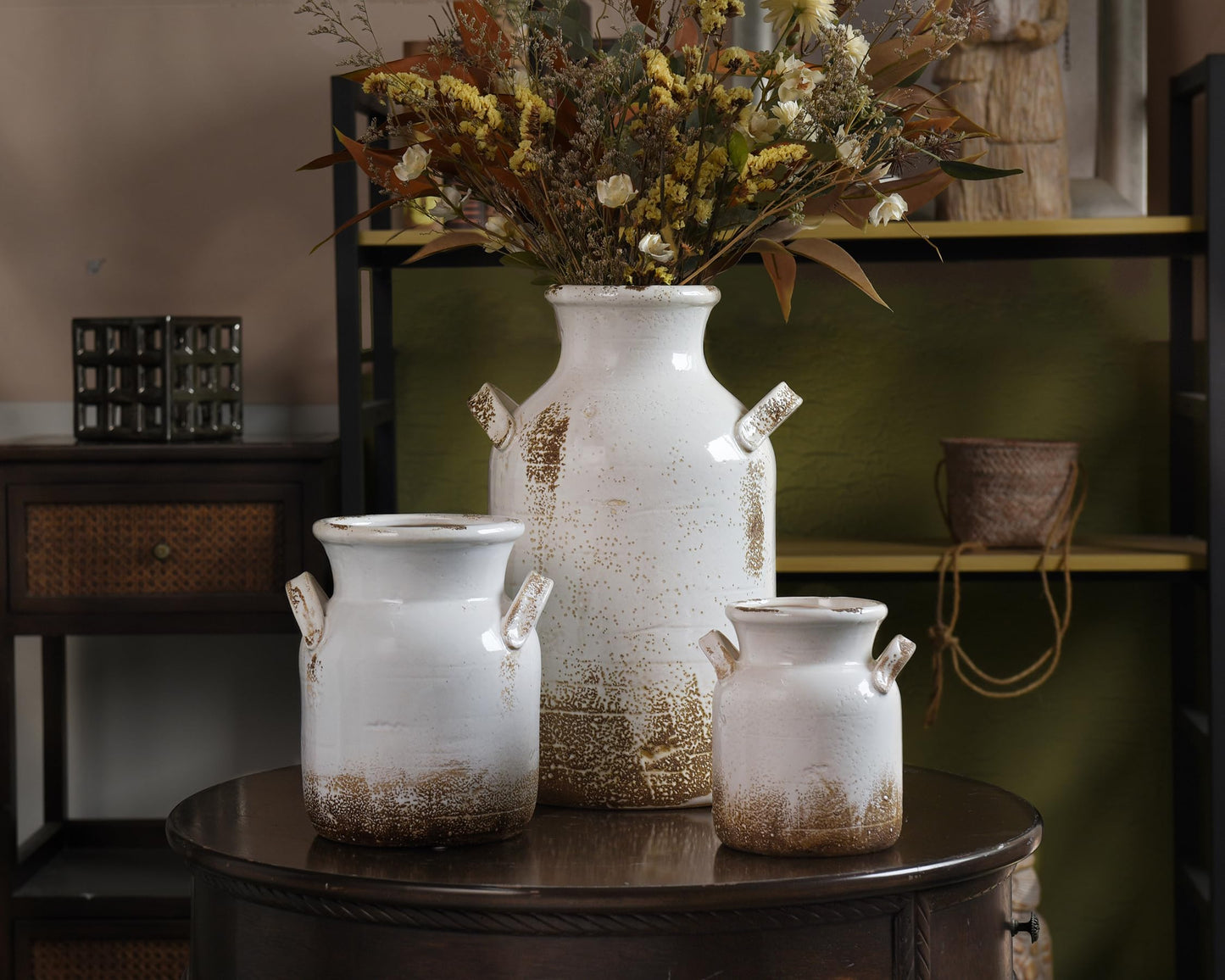 Quoowiit Ceramic Rustic Farmhouse Vase, 14 Inch Distressed Decorative Flower Vase for Home Decor, Large White Vase for Living Room Bedroom Kitchen Office Decor Centerpiece Table Decorations