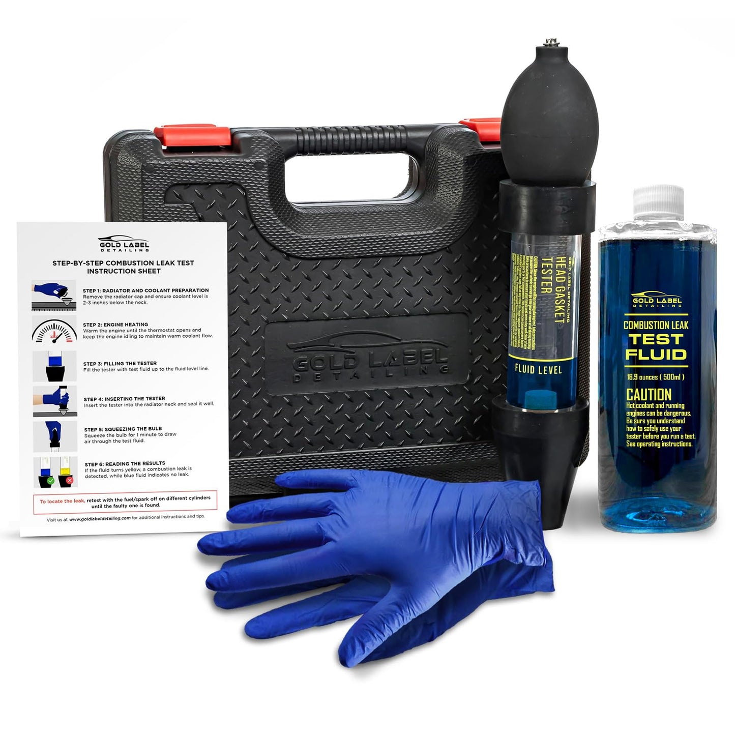 Gold Label Detailing Combustion Leak Detector Kit - 100+ Tests Automotive Engine Block and Head Gasket Tester, Ideal for Detecting Blown Gaskets (Tester with 16.9oz Fluid)