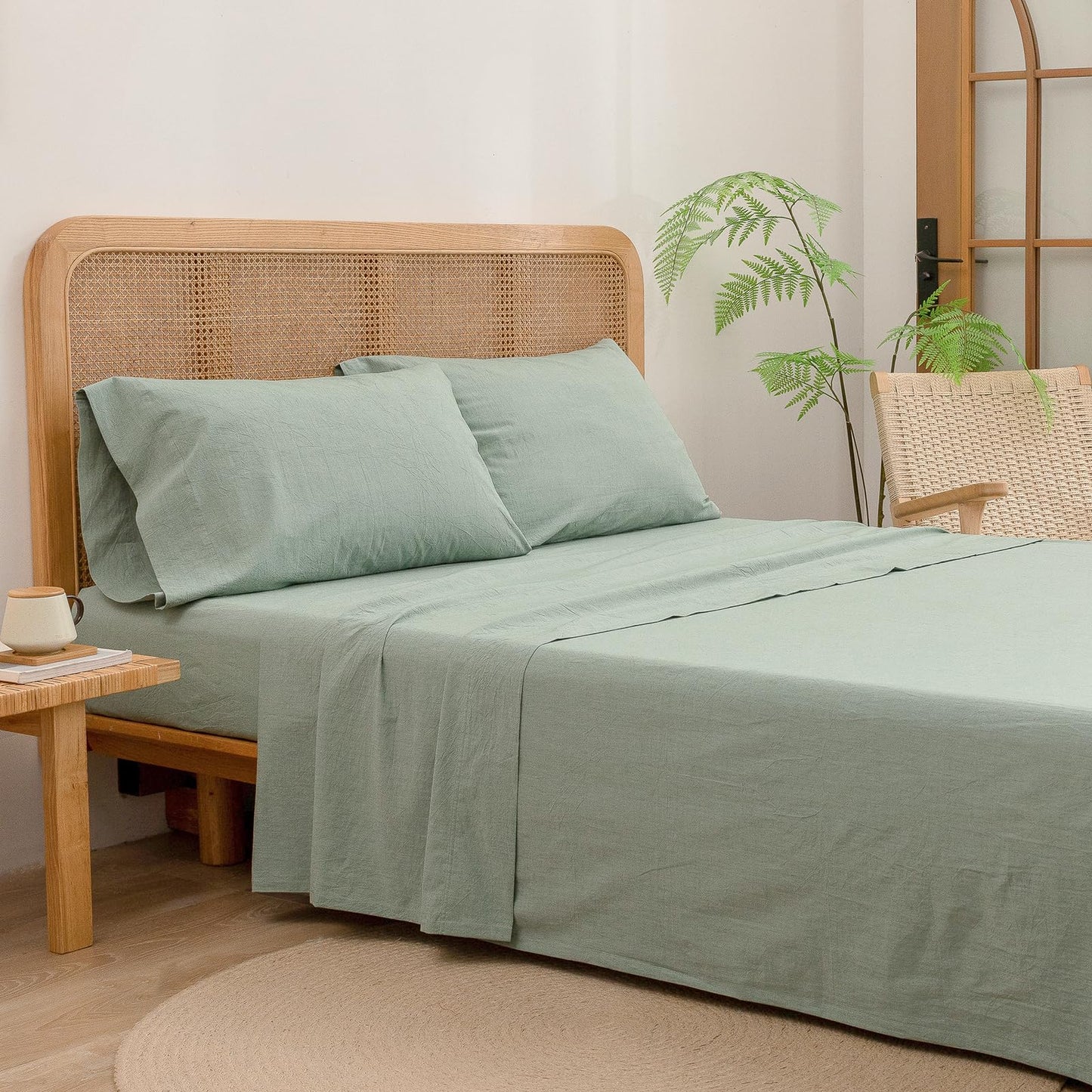 BESTOUCH Sheet Set 100% Washed Cotton Linen Feel Super Soft Comfortable Chic Lightweight 4 Pcs Home Bedding Set Solid Green King