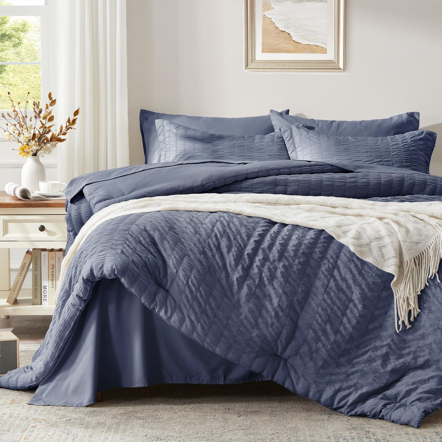Zzlpp Twin Bedding Set 5 Pieces, Greyish Blue Seersucker, All Season Comforter Set with 1 Comforter, 1 Pillow Sham, 1 Pillowcase, 1 Flat Sheet, 1 Fitted Sheet