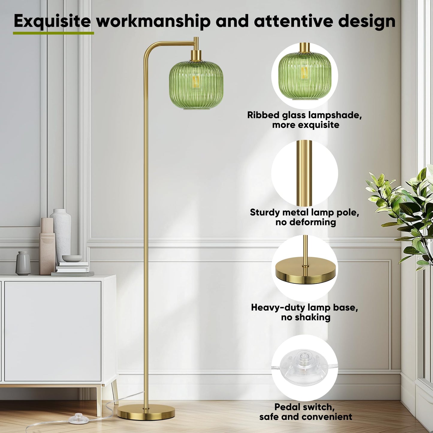 QiMH Glass Floor Lamp for Living Room, Modern Standing Lamp with Ribbed Glass Lampshade Pedal Switch, 67” Tall Lamp for Bedroom Study Room, Brushed Gold (2700K LED Bulb Included)