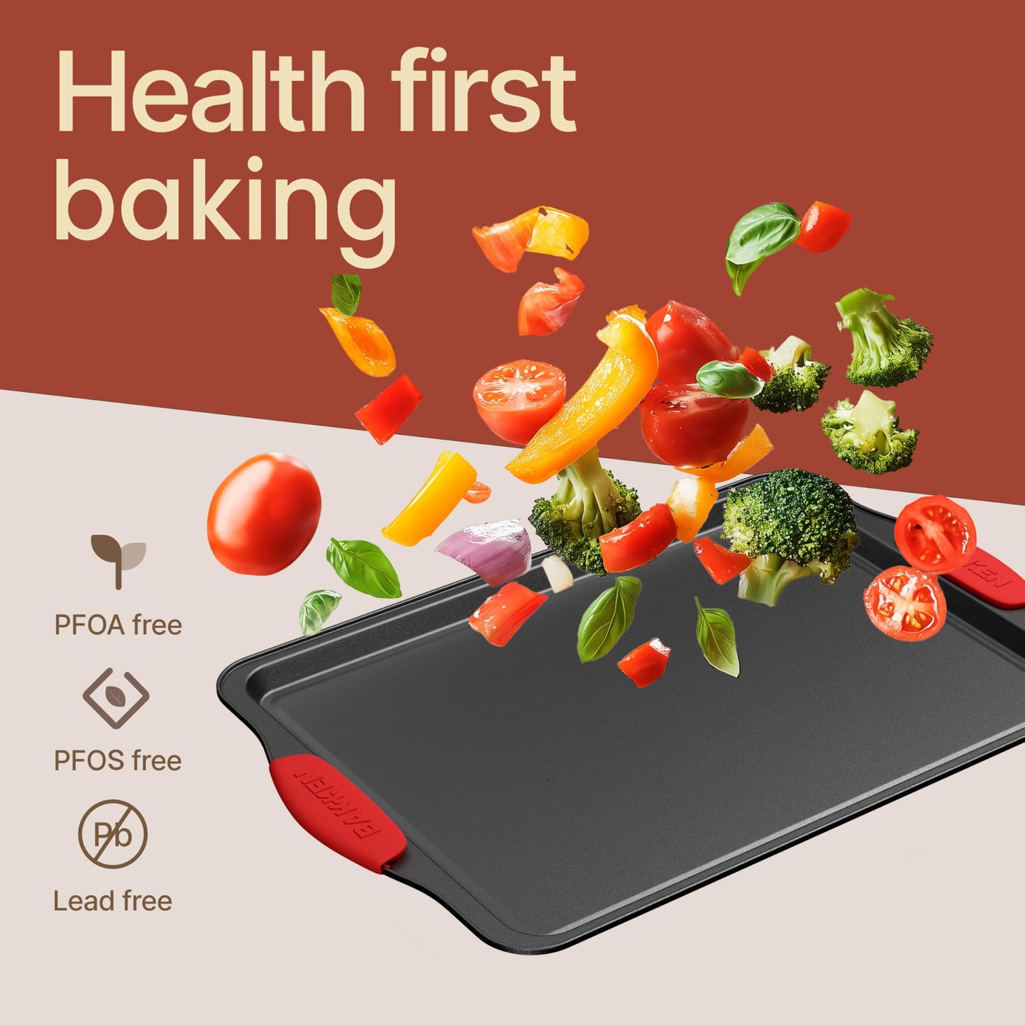 BAKKEN Kitchen Baking Pan Set - Nonstick Coating, Carbon Steel Bakeware Sets with Gray Silicone Handles, Baking Kitchen Essentials, PFOA, PFOS, PTFE Free, Oven Safe Tray (Up To 450° F), Set of 10