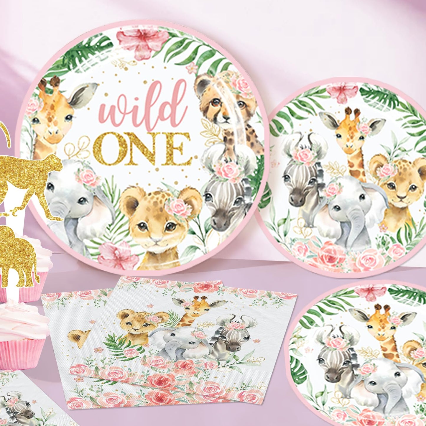 Cocomigo 184pcs Wild One Birthday Decorations Girl, Wild One Party Decorations Include Plate Banner Backdrop Tablecloth Cake Topper Pink Balloon Arch for Wild One Birthday Decorations