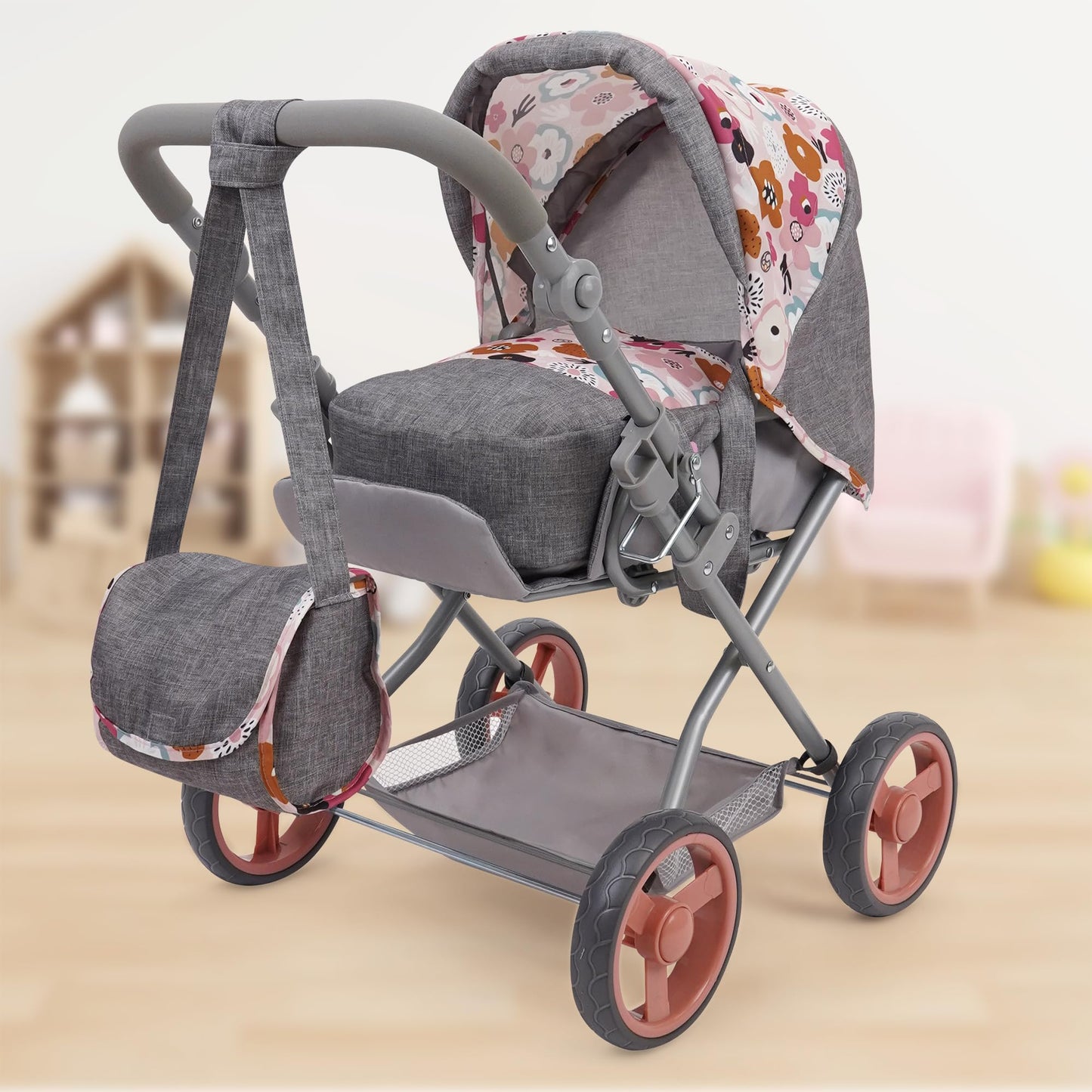 509 Crew: Melange Flora - Kelly Deluxe Doll Pram - Matching Bag, Removable Carrycot, Large Canopy, Shopping Basket, Doll Accessory, Kids Toy, Ages 3+