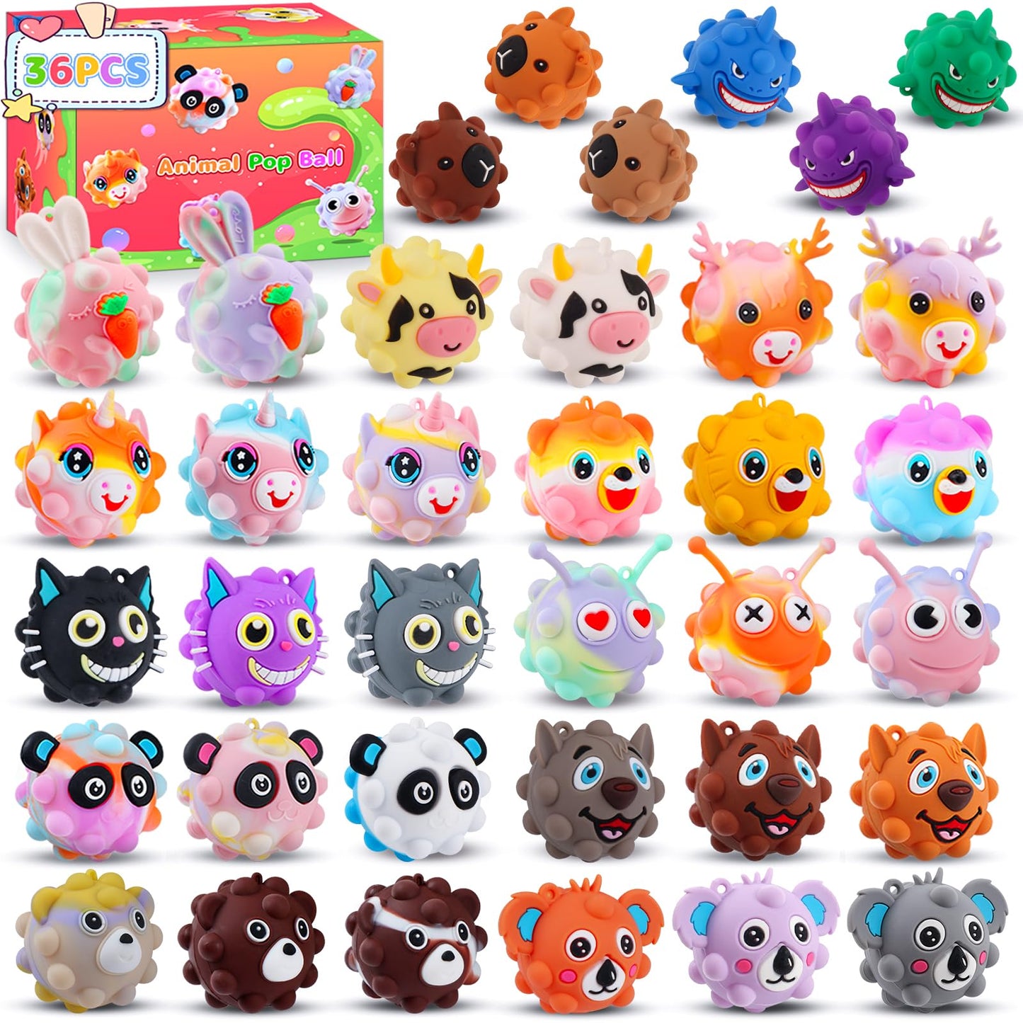 KissFree 36 PACK Animal Pop Balls Party Favors for Kids, 3D Pop Fidget Balls Toys Bulk, Gifts for Boys & Girls, Goodie Bag Stuffers, Pinata Stuffers, Treasure Box Toys, Prizes for Kids