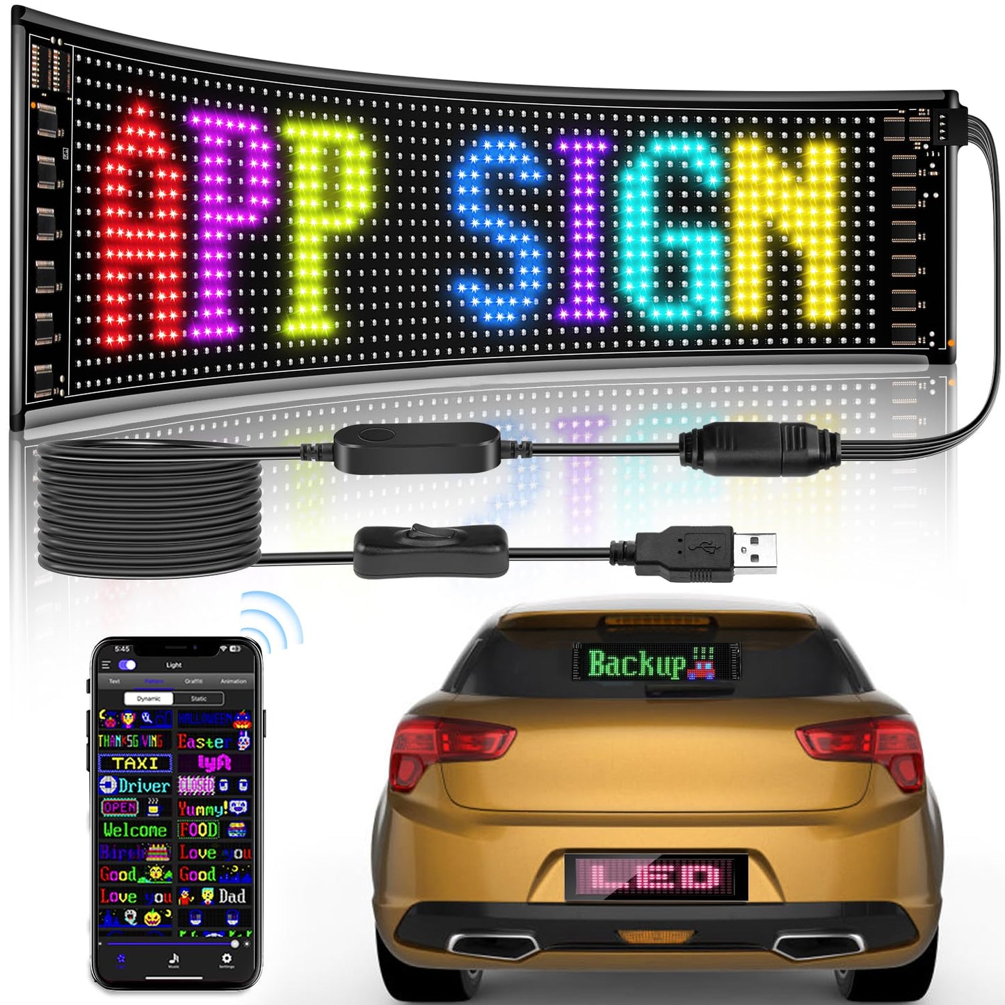 SAOJAY Scrolling LED Sign for Car, Flexible USB 5V LED Car Sign Bluetooth App Control Programmable Text/Animation for Cars/Taxis/Stores, Indoor/Outdoo (19''x5'')