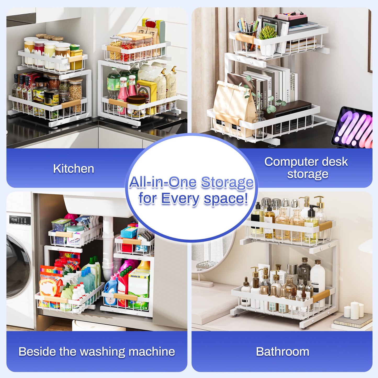 ADBIU 2 Pack Under Sink Organizers and Storage, Height Adjustable 2-Tier Pull Out Cabinet Organizer, Heavy Duty Slide Out Sink Shelf Drawer for Kitchen Bathroom Organization