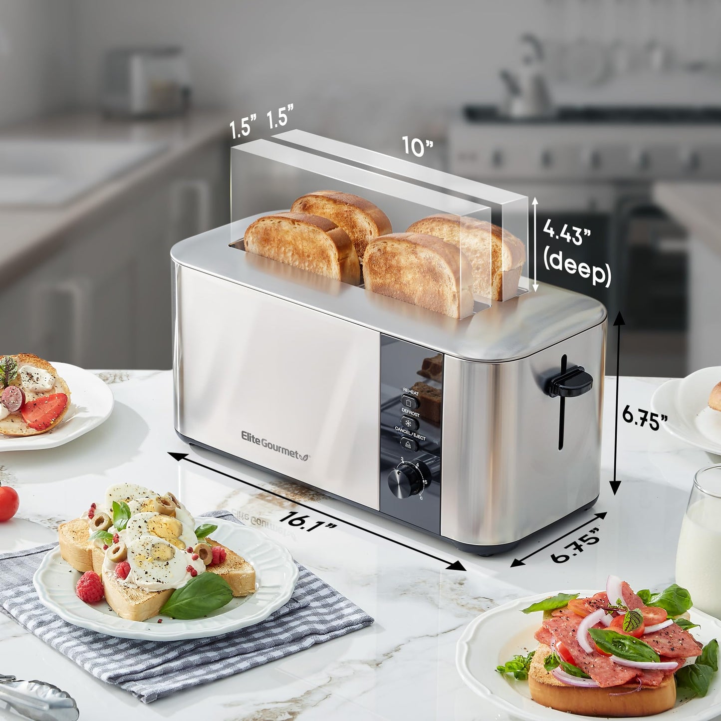 Elite Gourmet ECT3401 Long Slot 4 Slice Toaster, 1.5” Slot Width, 6 Toast Shade Settings, Reheat, Defrost & Cancel Functions, Extra Large Slots for Bagels, Waffles, Artisan Breads, Stainless Steel