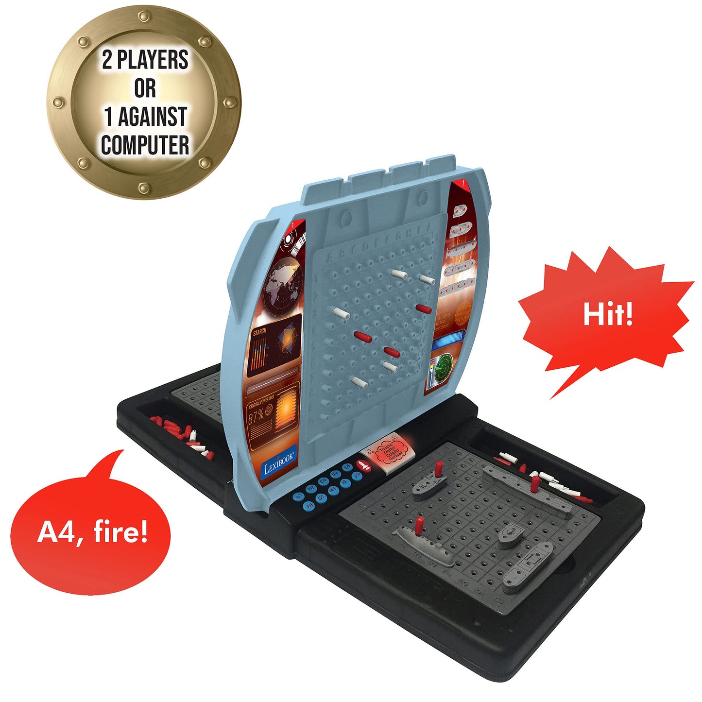 Lexibook Talking Sea Battle (French, English, Spanish, Portuguese), Electronic Board Game 1 or 2 Players, Interactive, Light and Sound Effects, Strategy, Battery Operated, Grey/Black, GT2800US