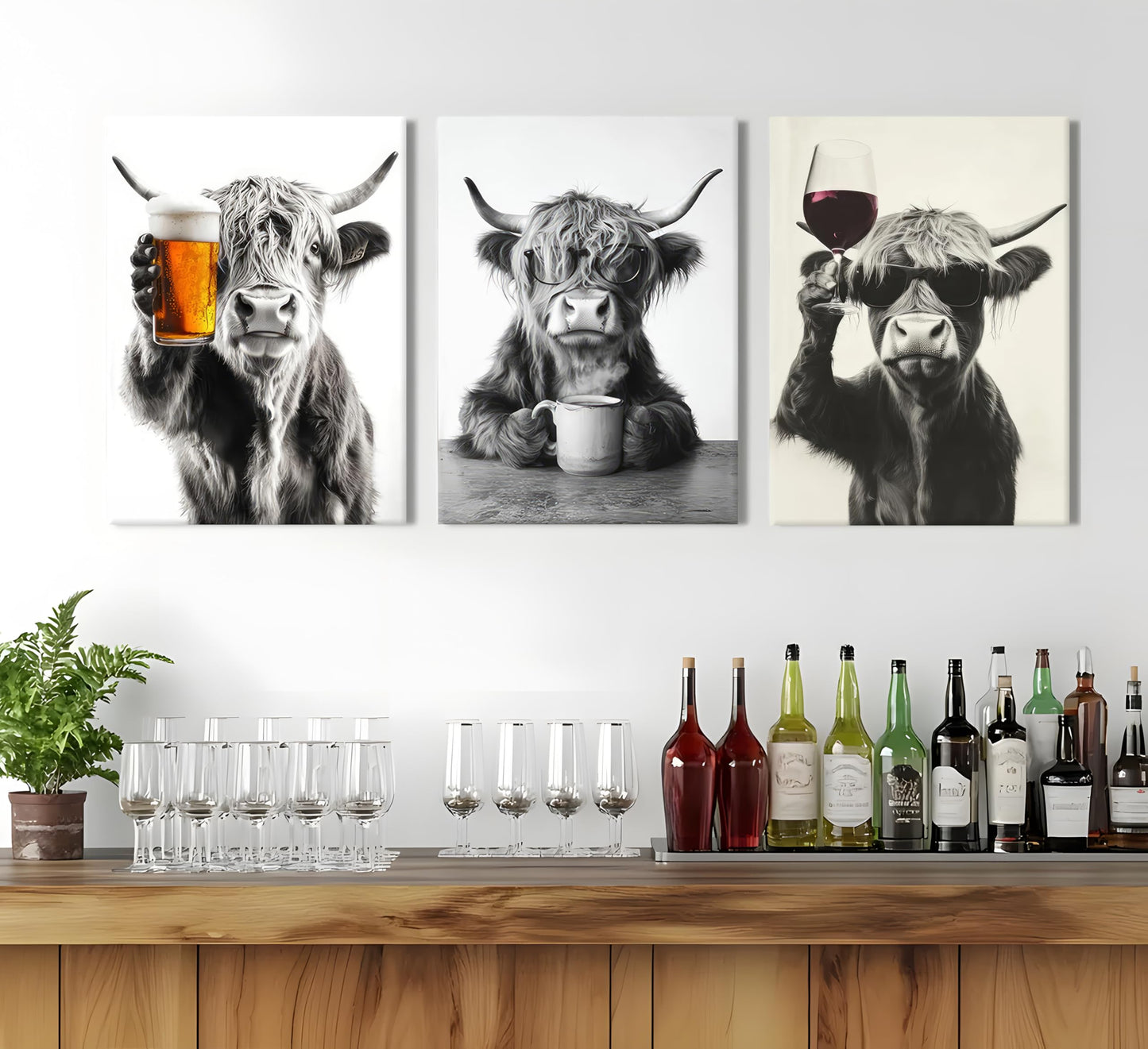 KKP Funny Highland Cow Wall Art Set of 3 - Canvas Prints Farmhouse Rustic Kitchen, Bar Cart & Dining Room Decor - Animal Lovers Home Decoration, Ready to Hang Gallery Wall Art